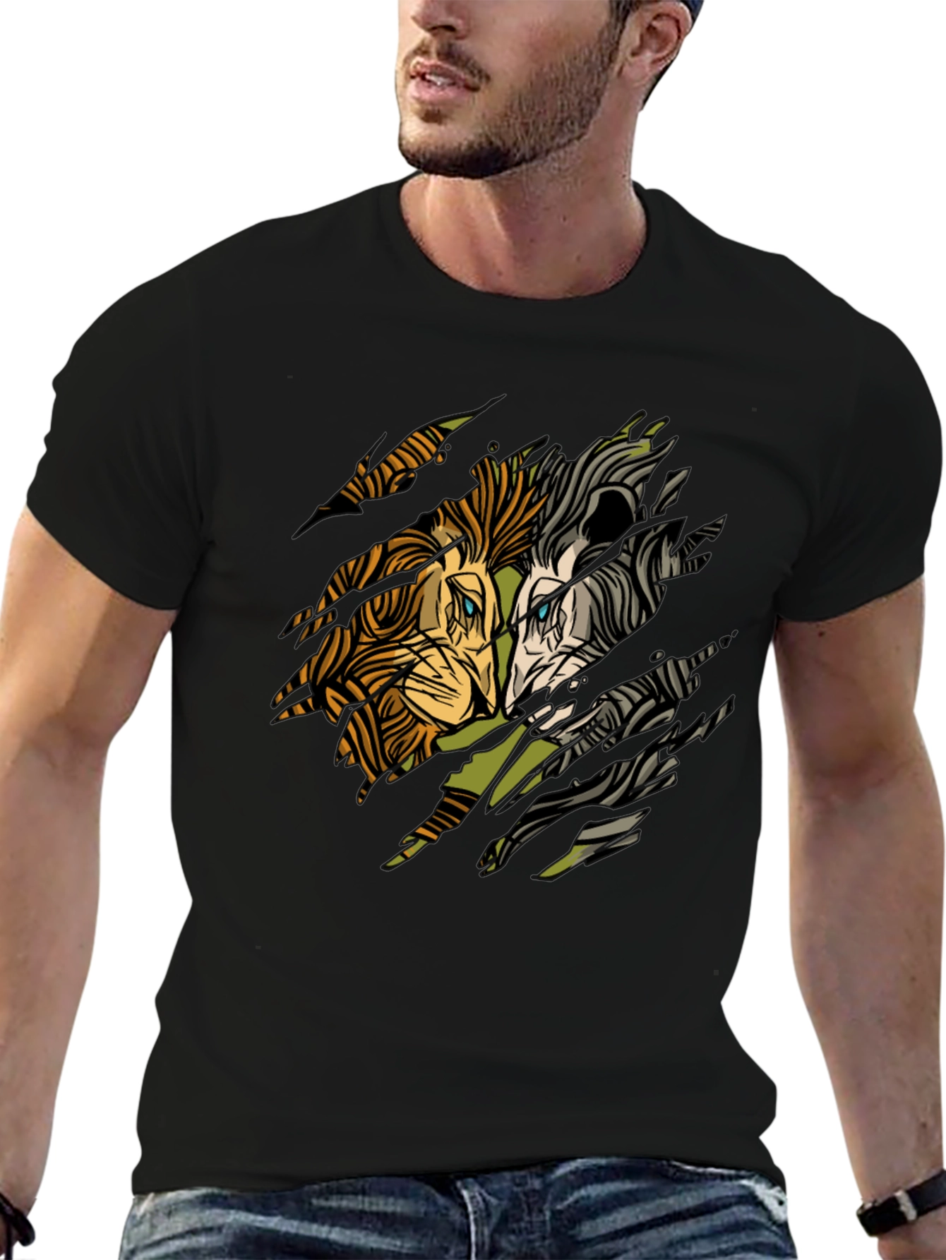 Lion Graphic Print Black Crewneck T-Shirt