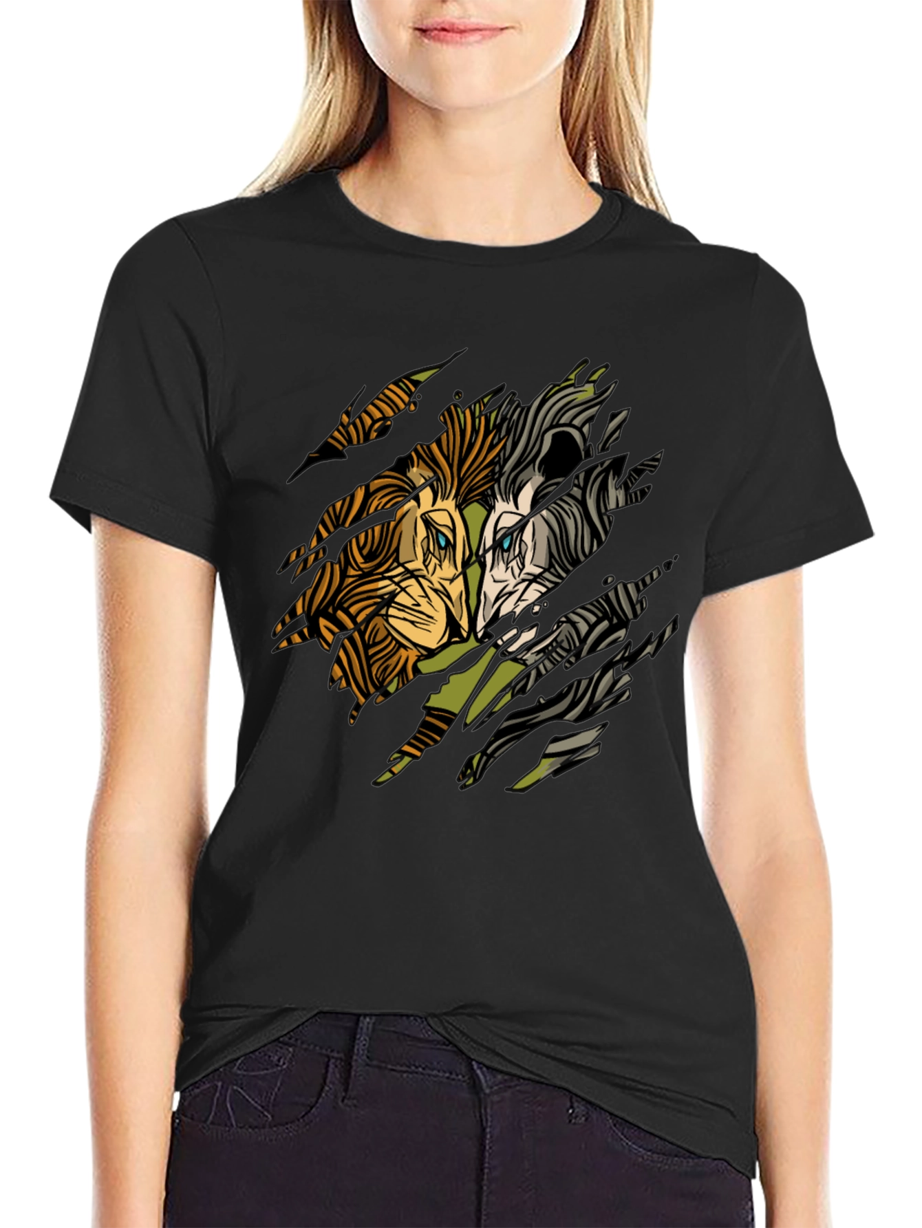 Lion Graphic Print Black Crewneck T-Shirt