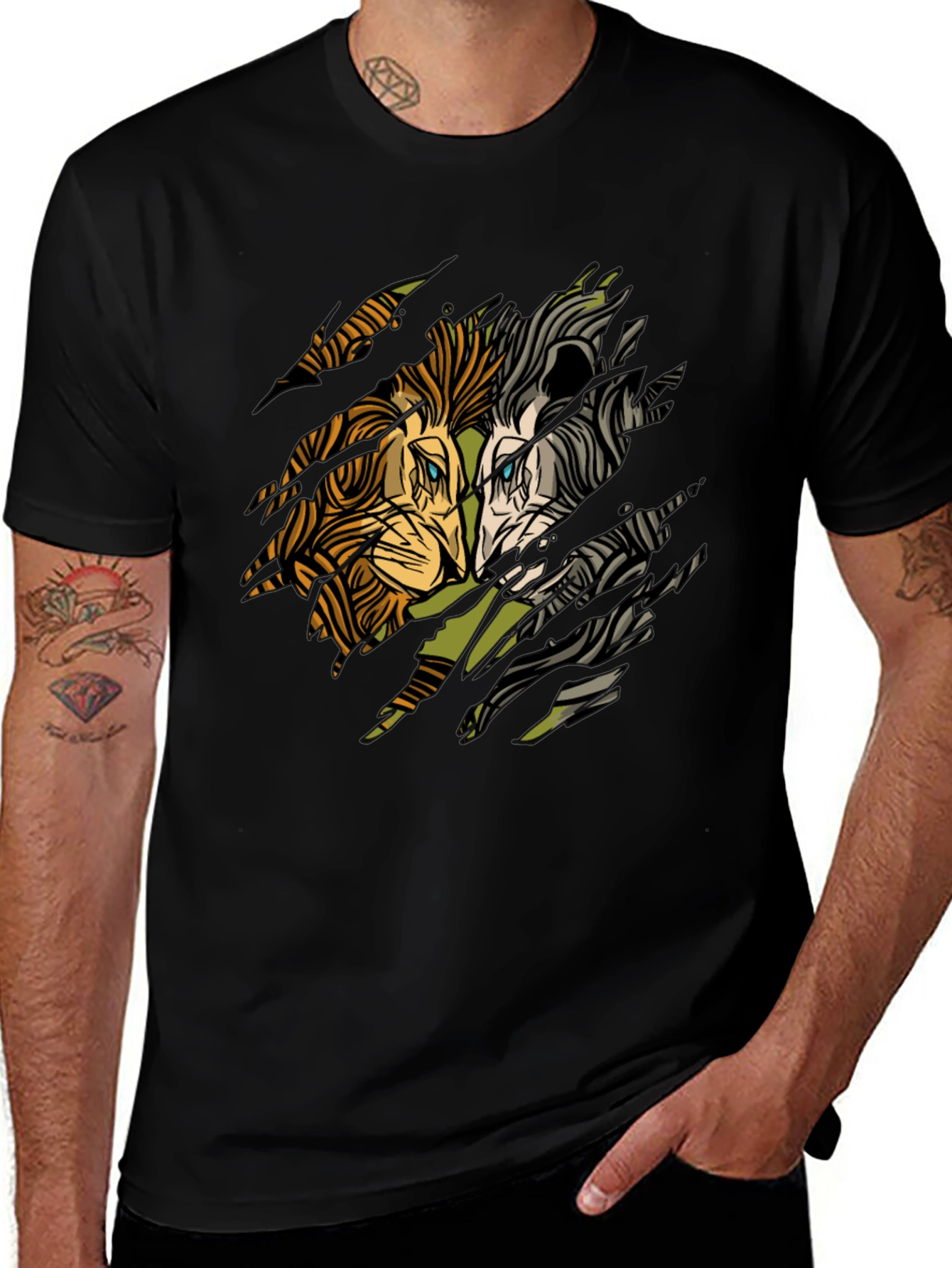 Lion Graphic Print Black Crewneck T-Shirt