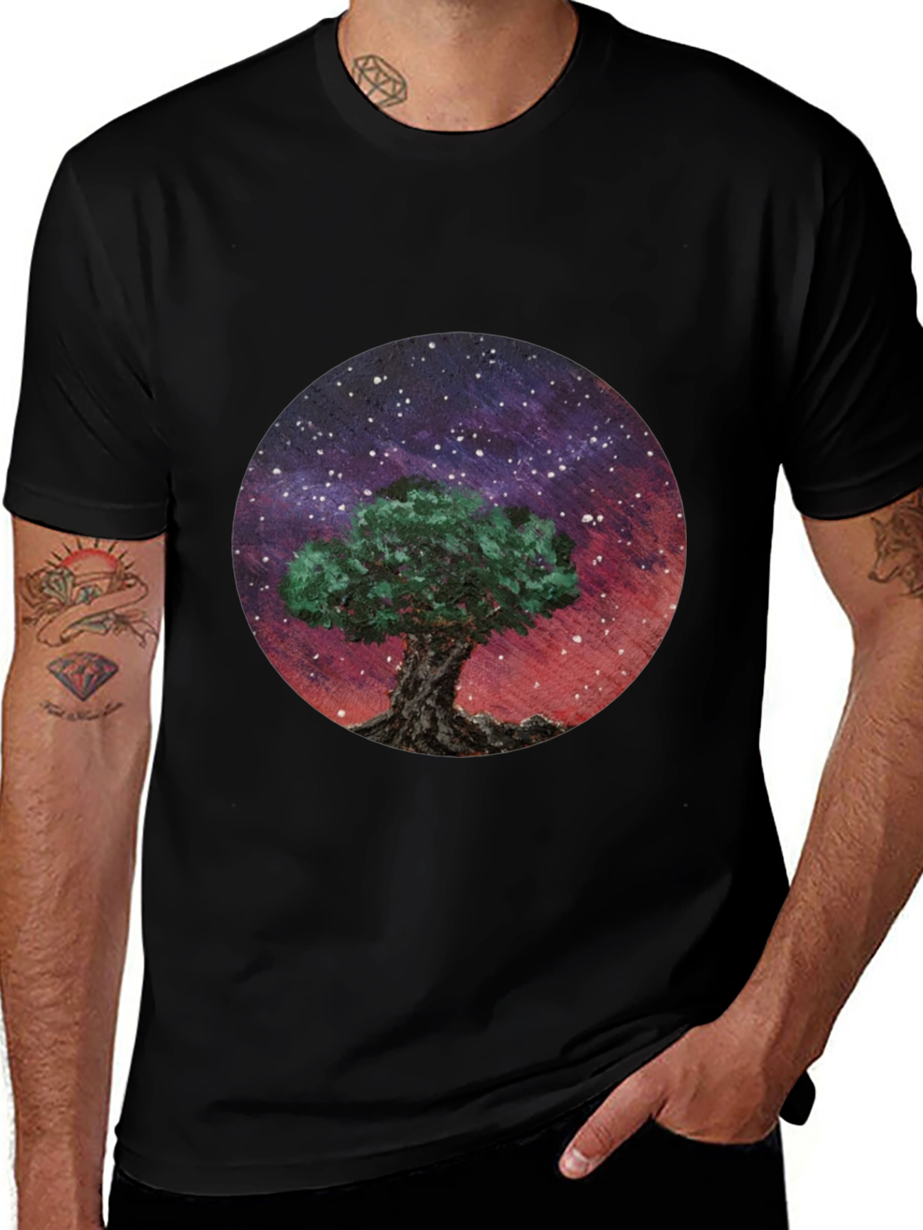 Celestial Tree Graphic Tee - Black Cotton Blend