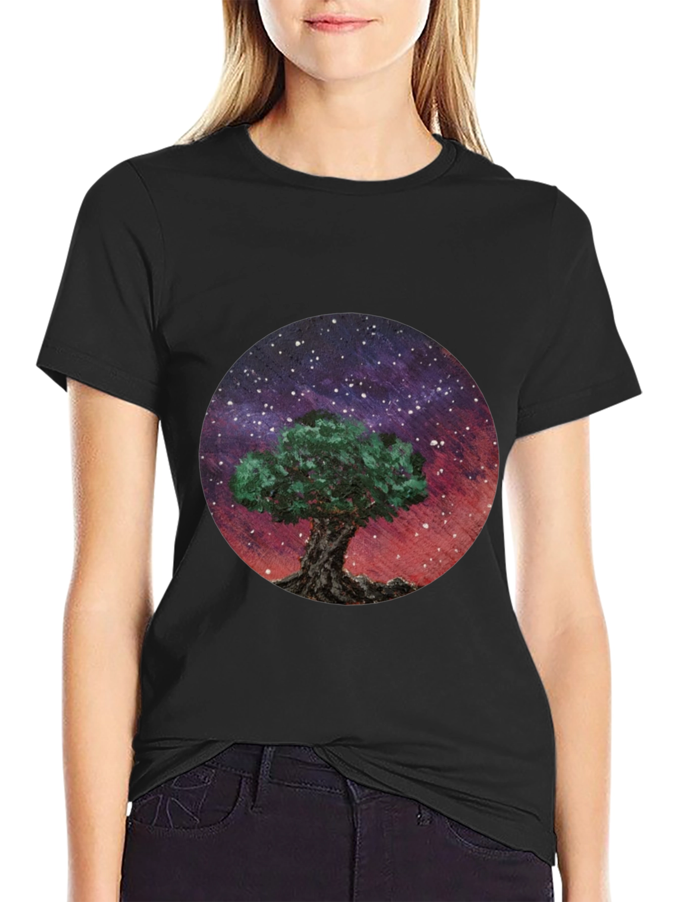 Celestial Tree Graphic Tee - Black Cotton Blend