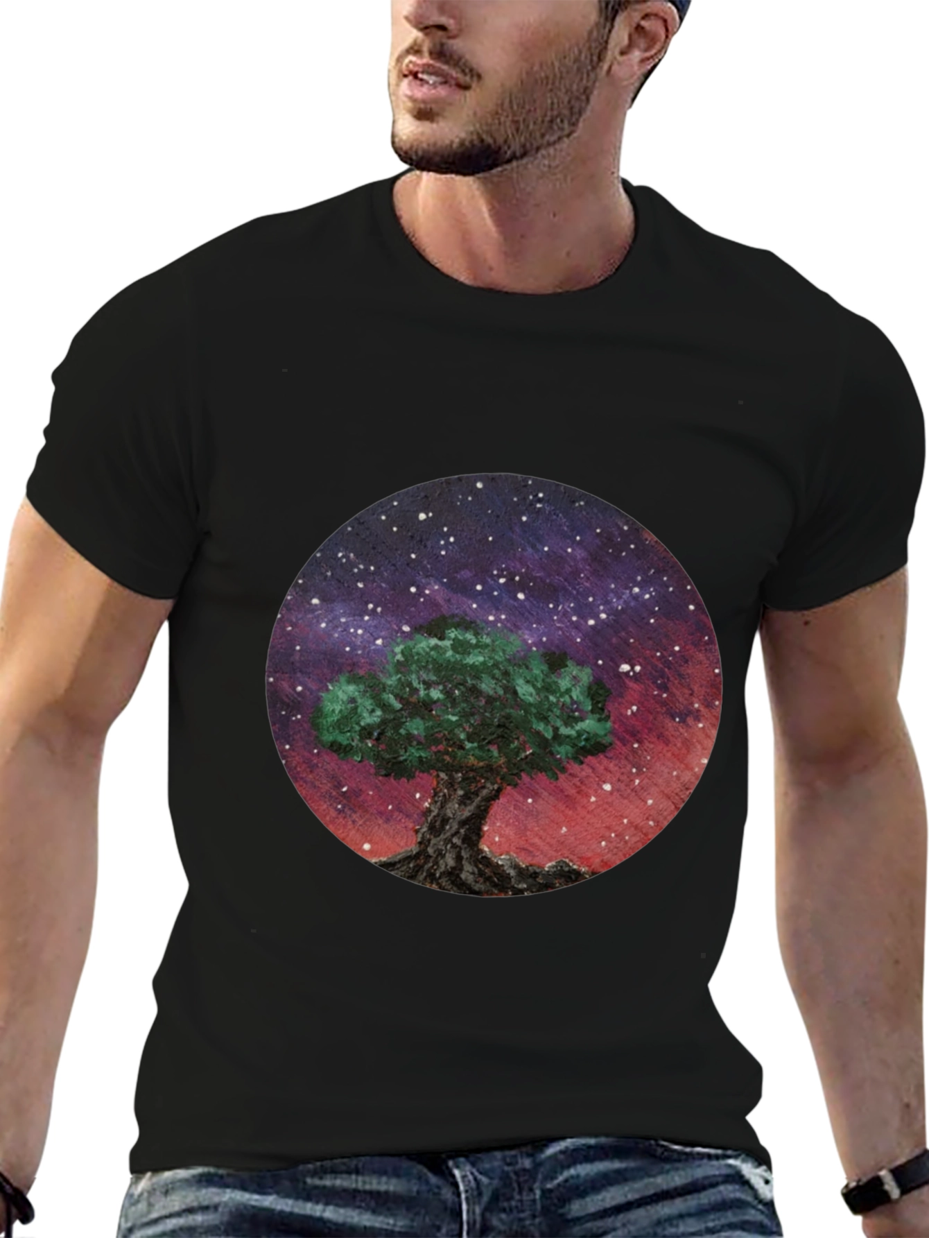 Celestial Tree Graphic Tee - Black Cotton Blend