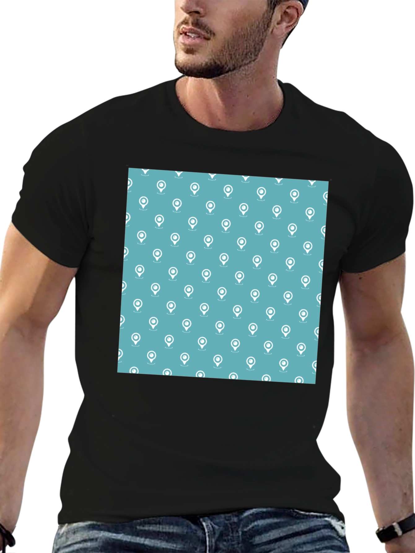 Stylish Location Pattern Black T-Shirt