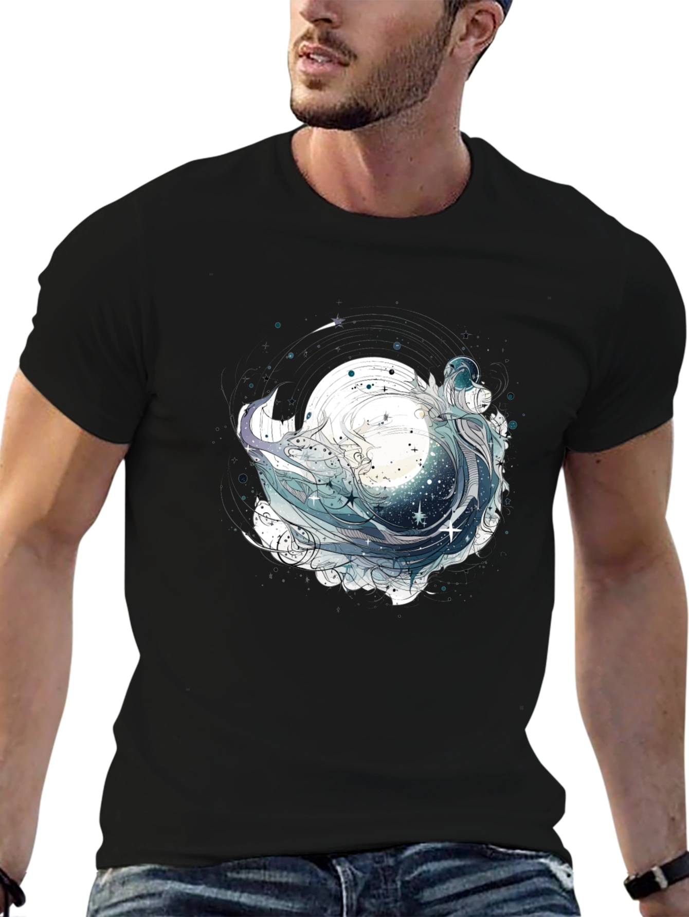 Celestial Wave Graphic Tee - Black