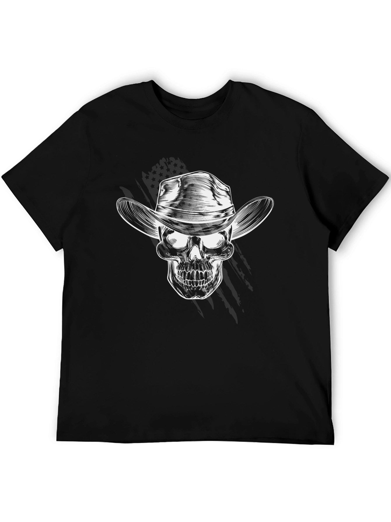 Cowboy Skull Graphic Tee - Black Crew Neck T-Shirt