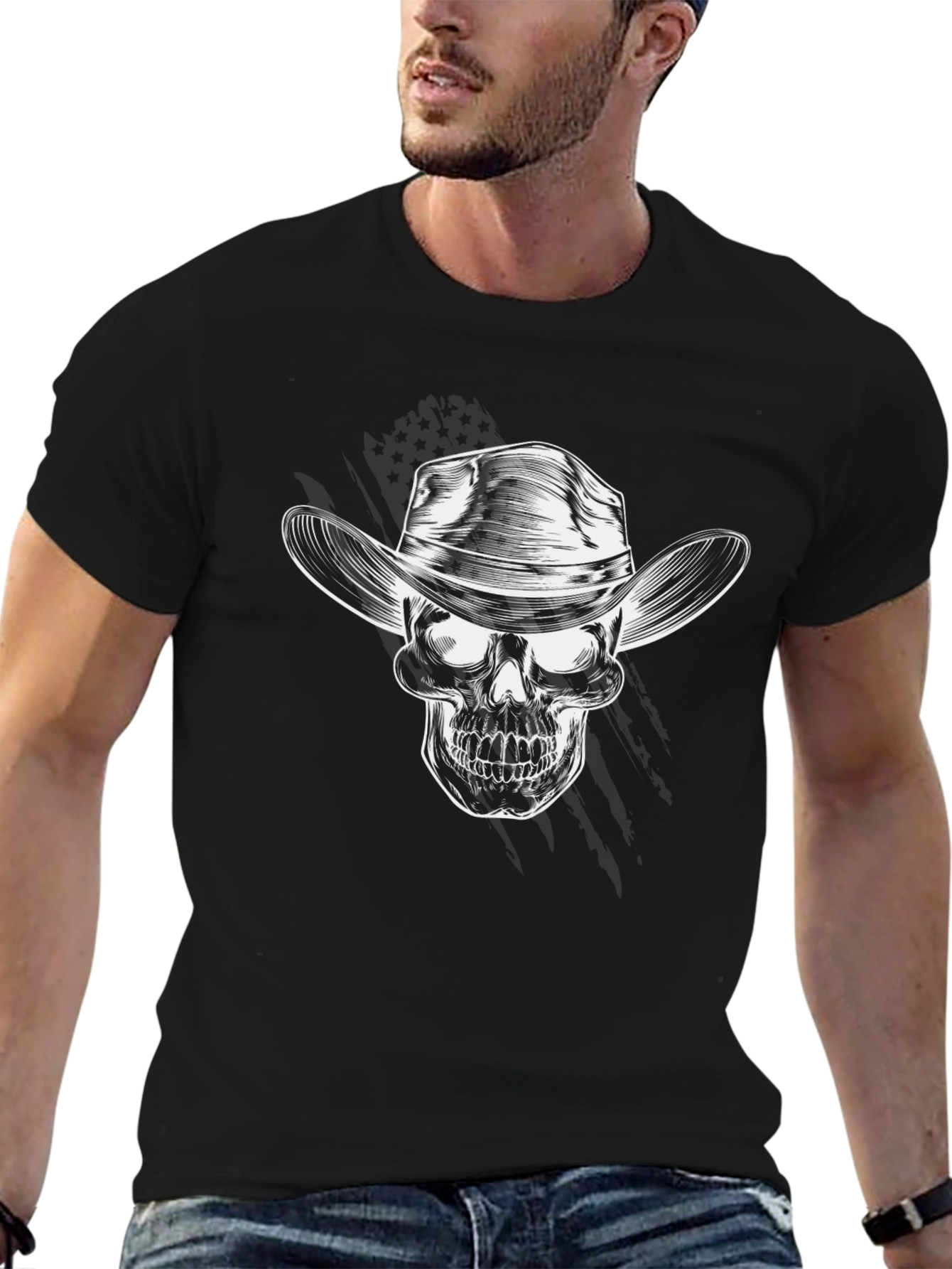 Cowboy Skull Graphic Tee - Black Crew Neck T-Shirt