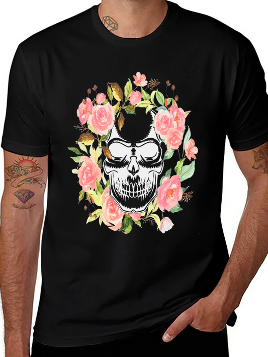 Floral Skull Graphic Black T-Shirt