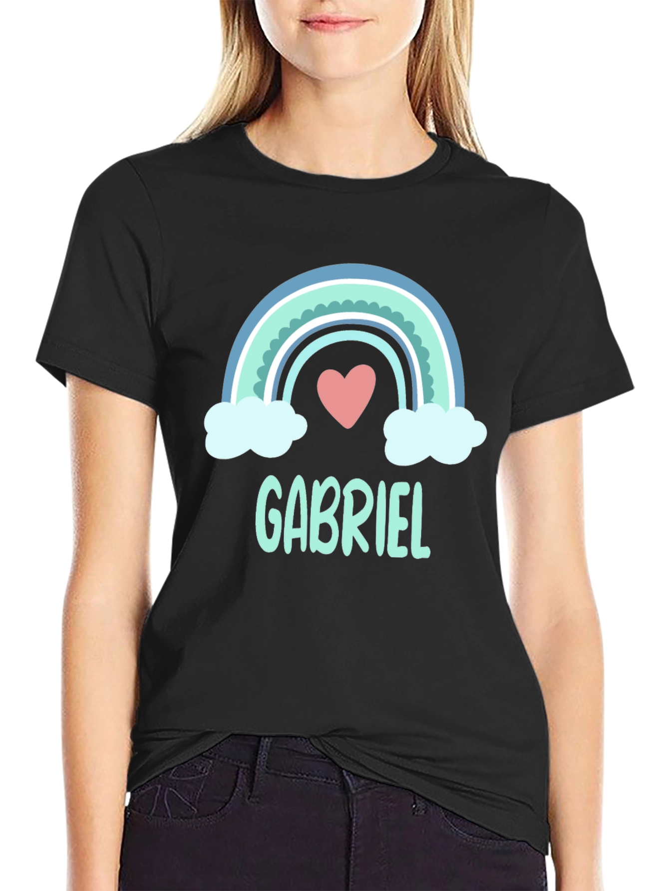 Gabriel Rainbow Heart Personalized Black T-Shirt