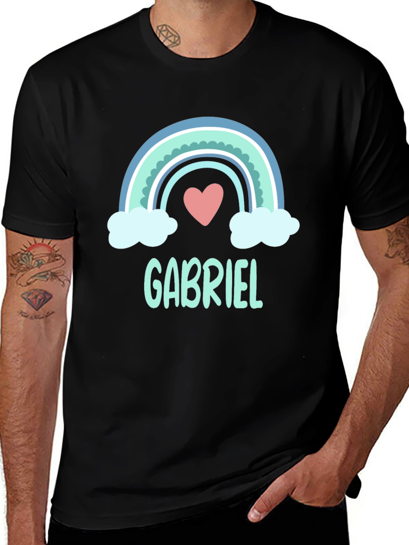 Gabriel Rainbow Heart Personalized Black T-Shirt