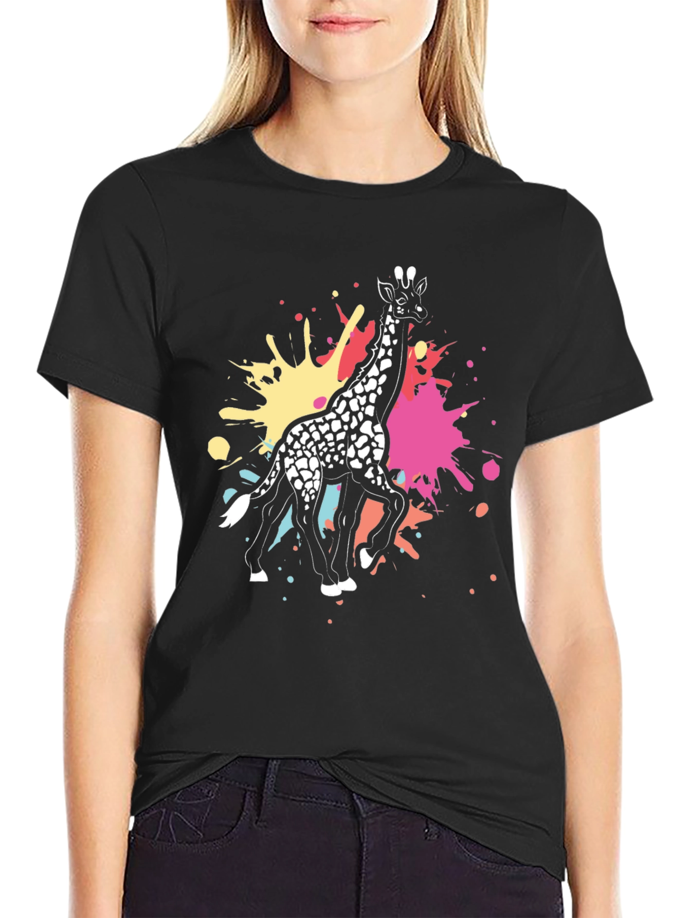 Giraffe Splatter Graphic Tee - Black Cotton Shirt