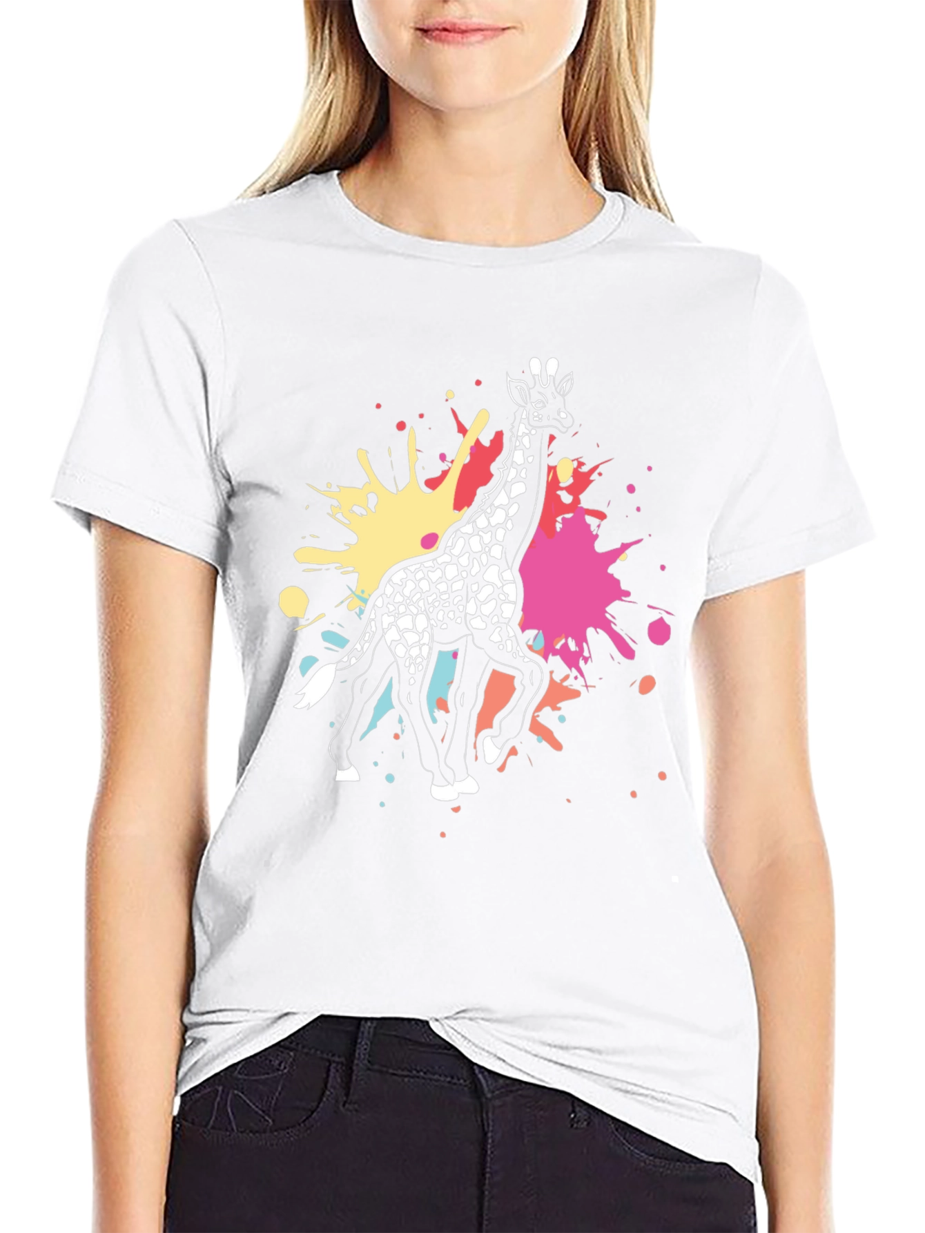 Giraffe Splatter Graphic Tee - Black Cotton Shirt