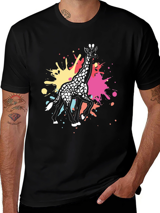Giraffe Splatter Graphic Tee - Black Cotton Shirt