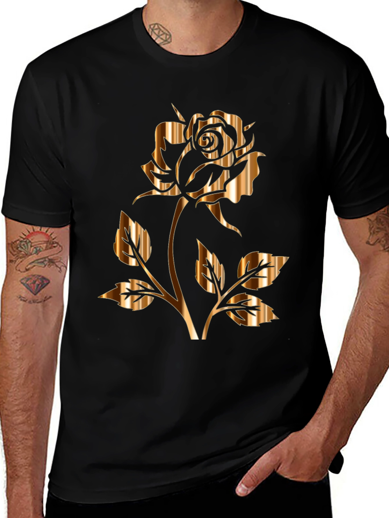 Golden Rose Graphic Tee - Stylish Mens Black T-Shirt