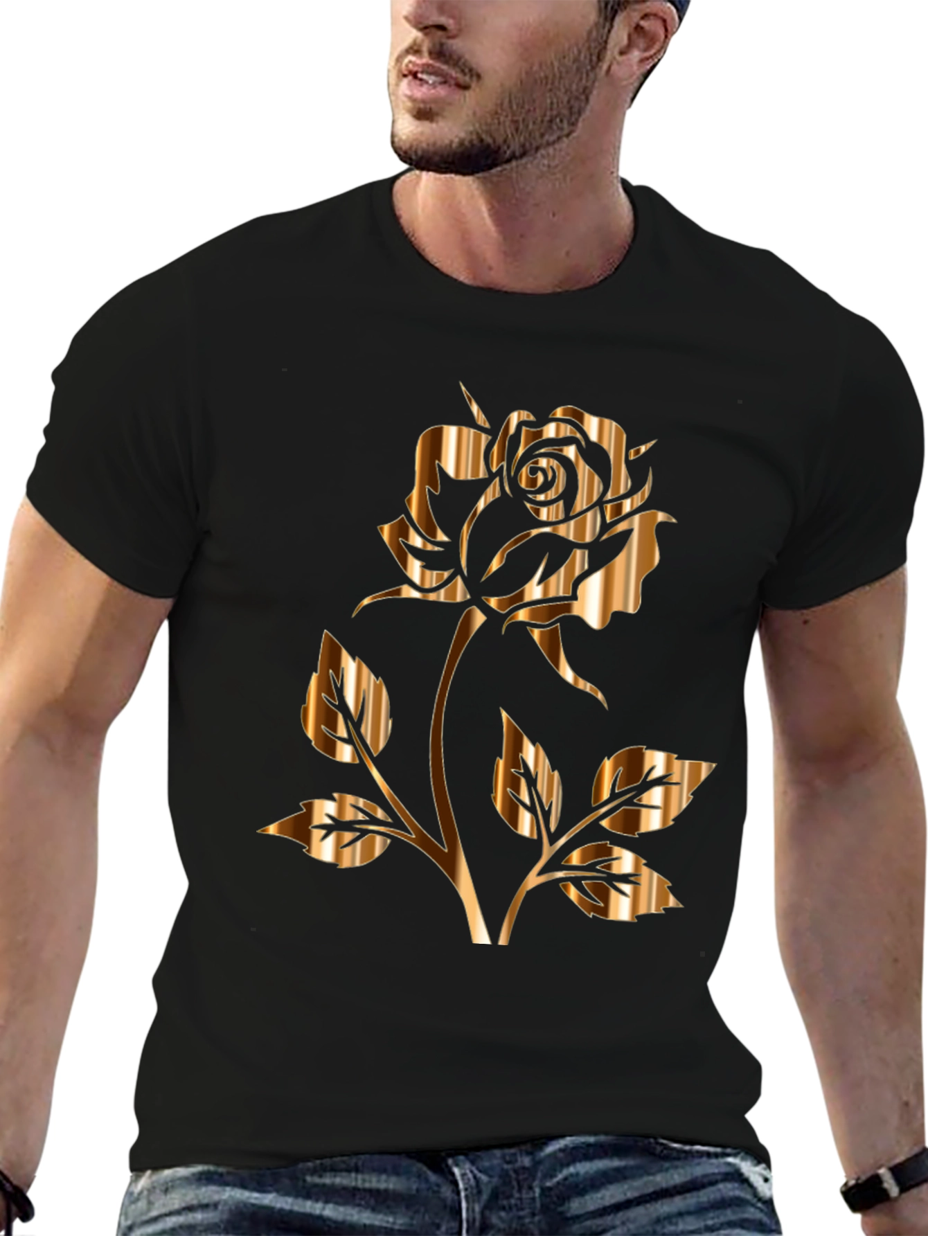 Golden Rose Graphic Tee - Stylish Mens Black T-Shirt