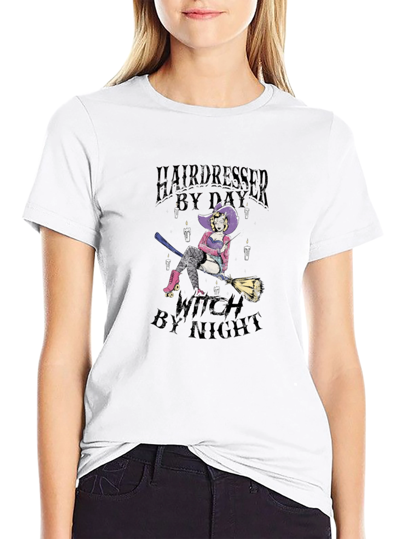 Hairdresser Witch Graphic Tee - Black Cotton T-Shirt