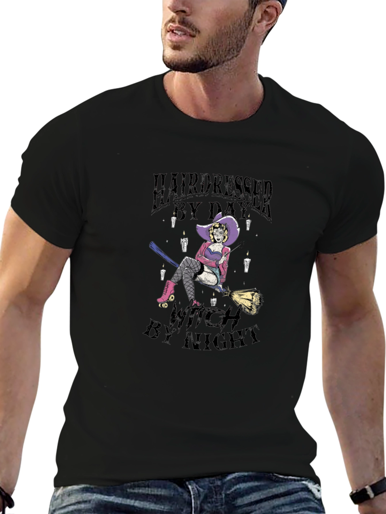 Hairdresser Witch Graphic Tee - Black Cotton T-Shirt