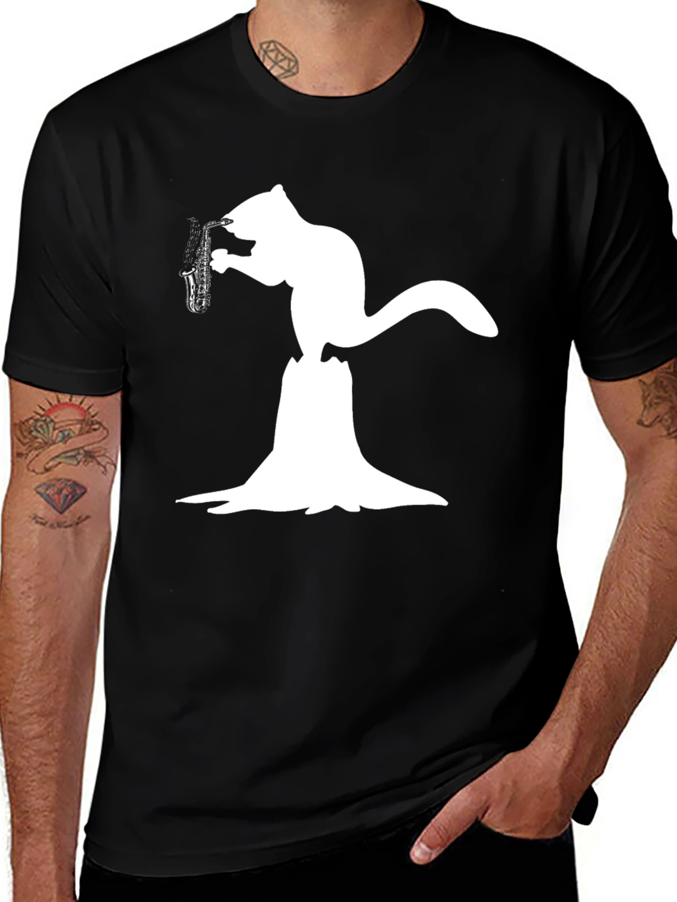 Squirrel Saxophone Black T-Shirt