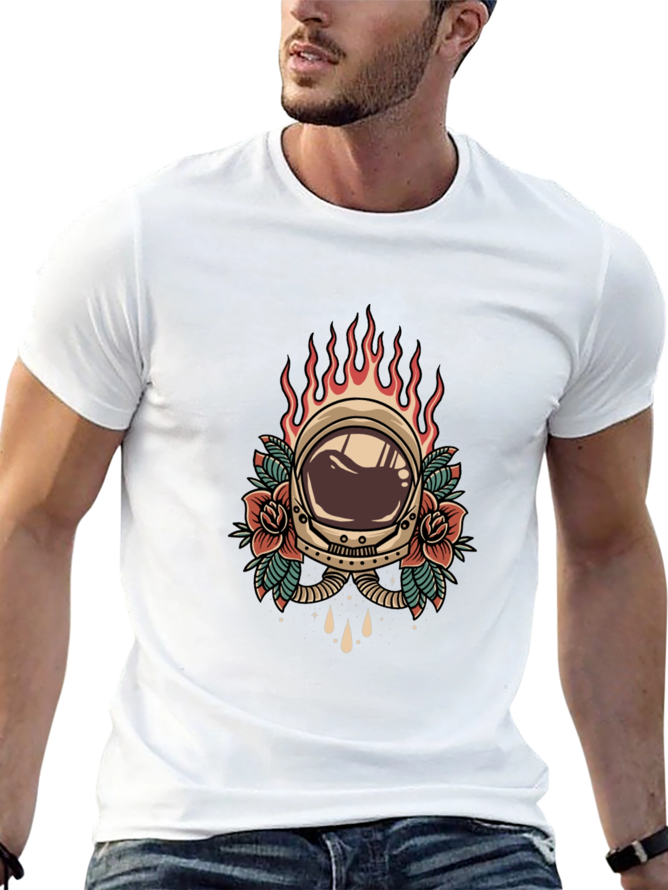 Retro Astronaut Helmet Tattoo Style Graphic Tee - Black