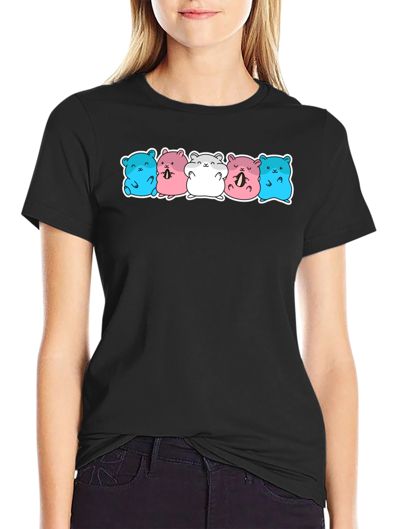 Cute Hamster Pattern Black T-Shirt