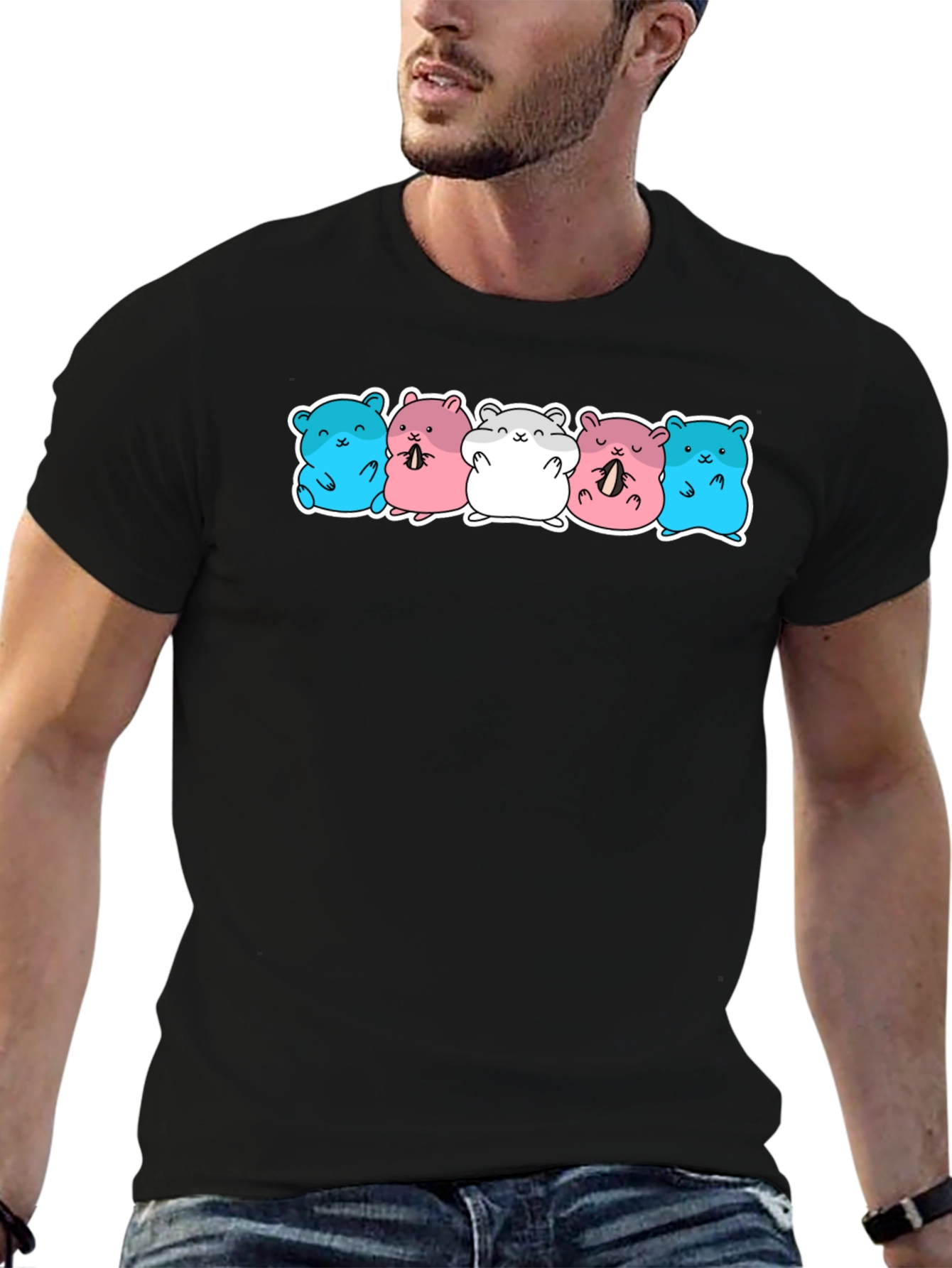 Cute Hamster Pattern Black T-Shirt