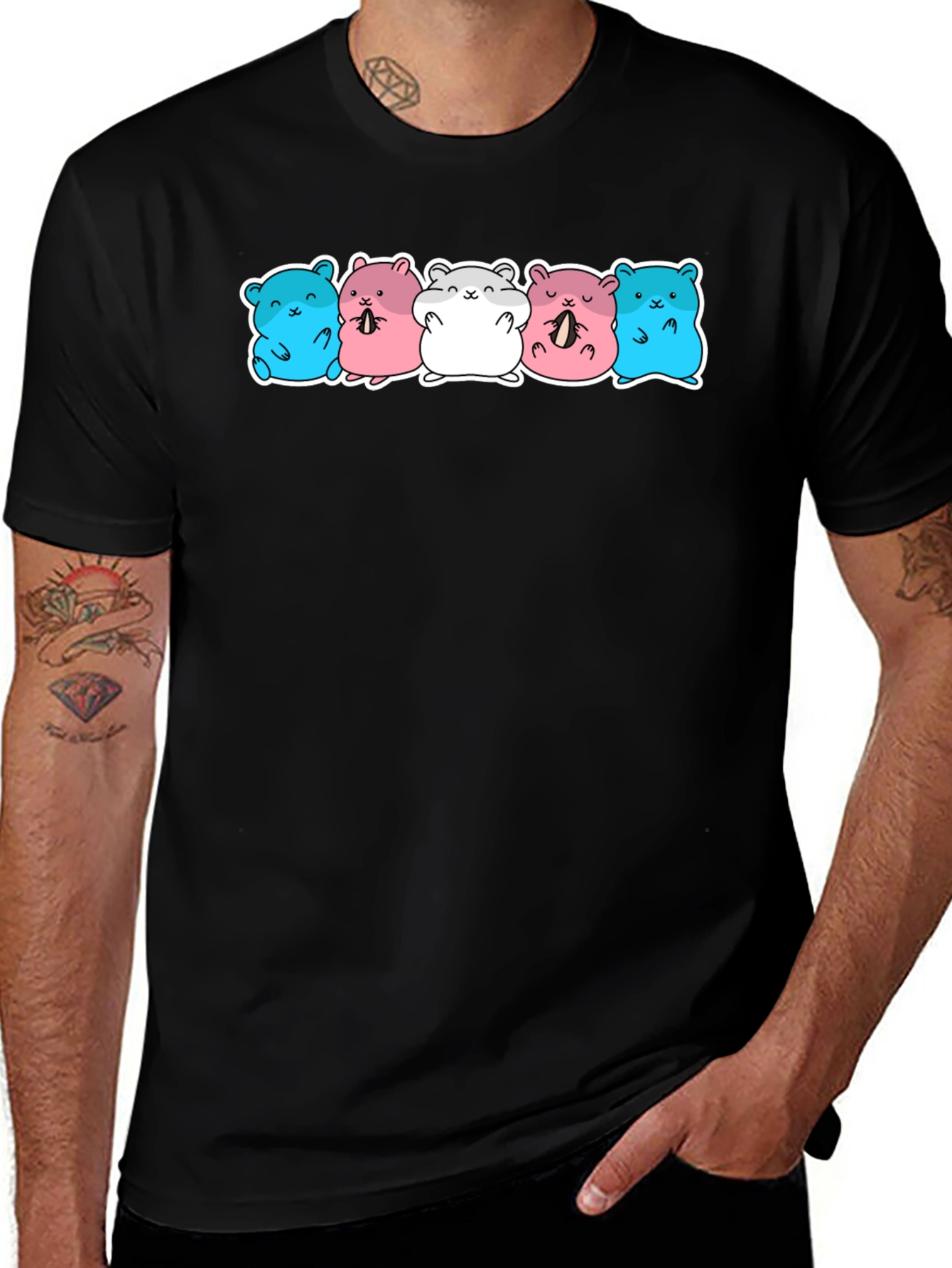 Cute Hamster Pattern Black T-Shirt