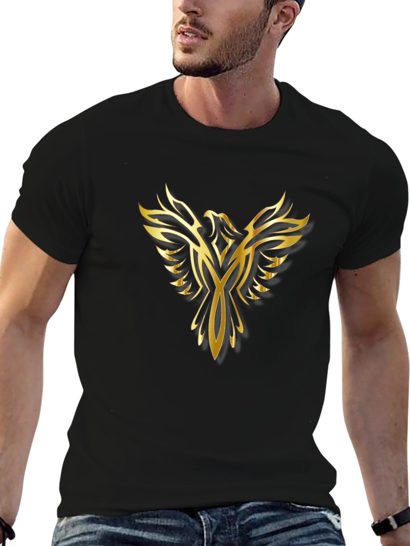 Golden Phoenix Graphic Print Black T-Shirt