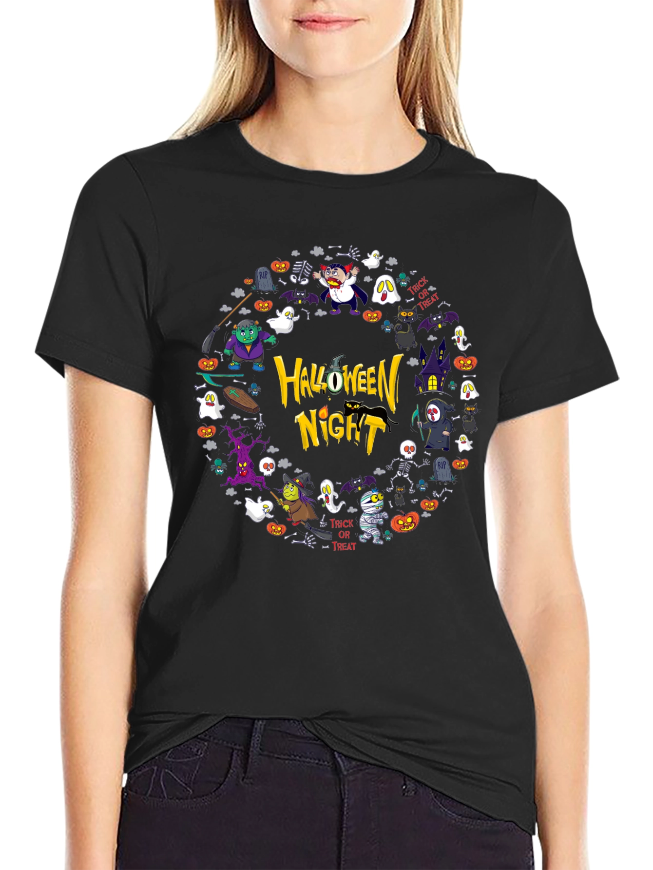 Halloween Night Graphic Print Black T-Shirt