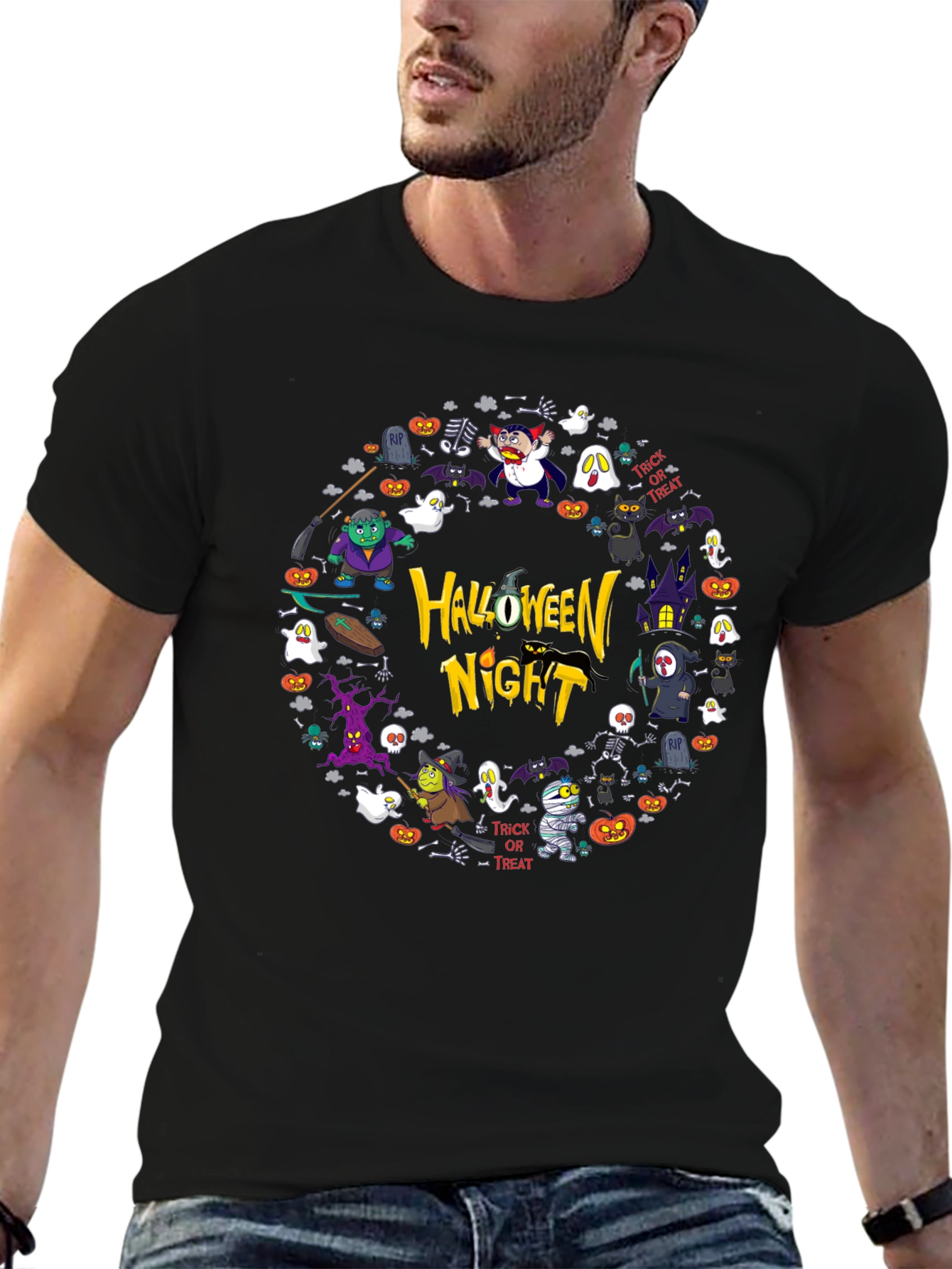 Halloween Night Graphic Print Black T-Shirt