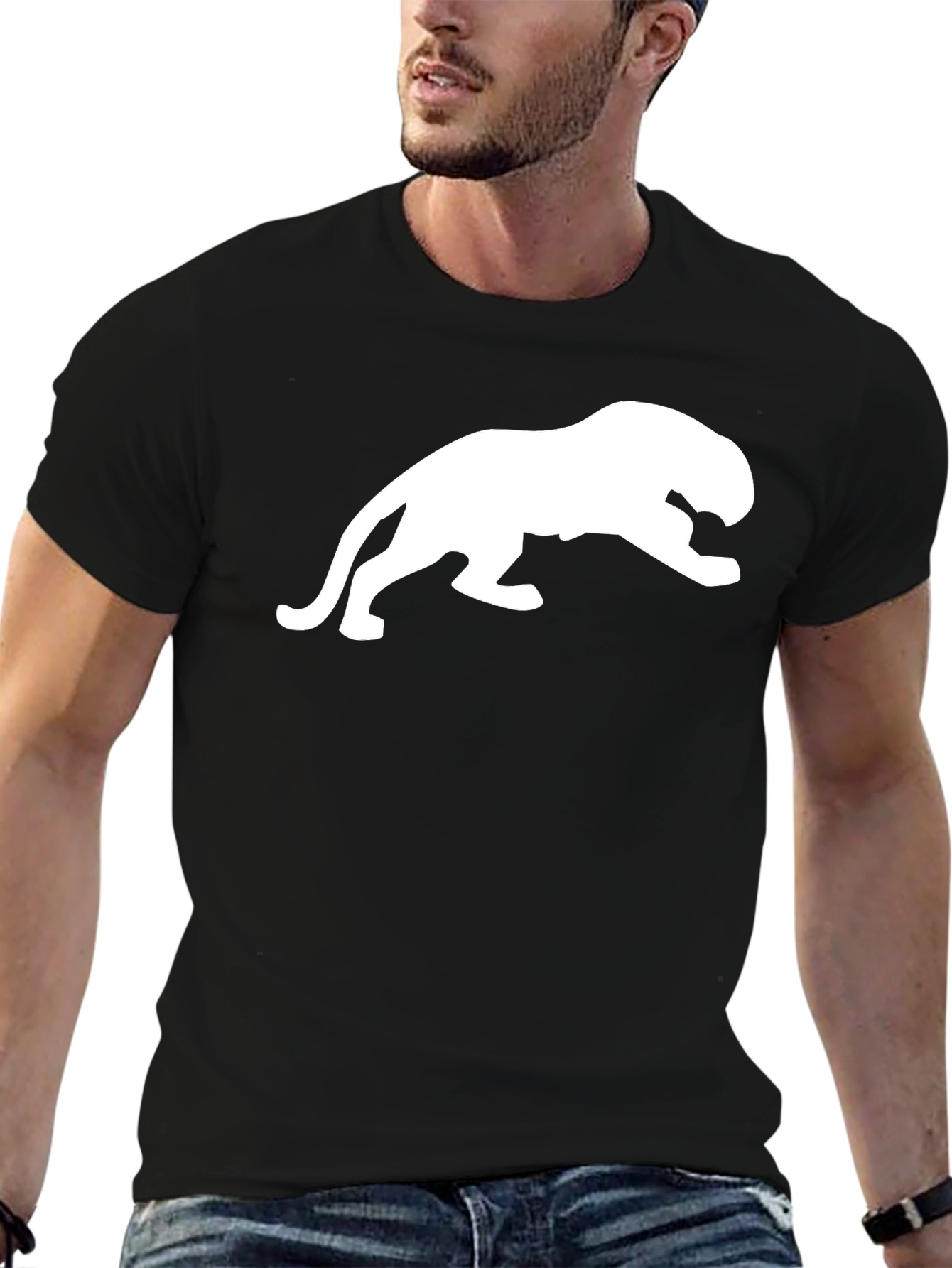 Black T-Shirt with White Panther Design