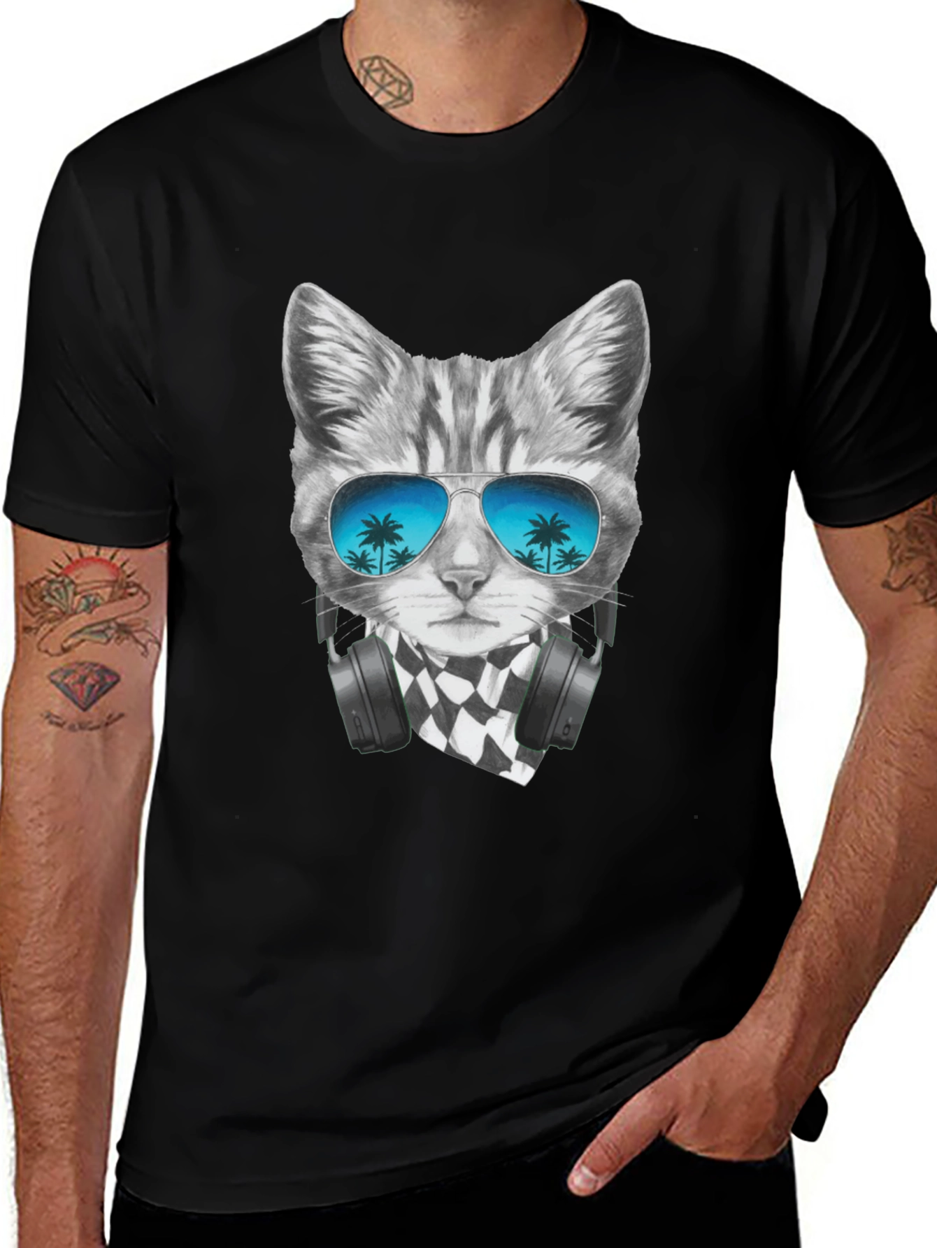 Cool Cat T-Shirt - Palm Tree Sunglasses & Headphones