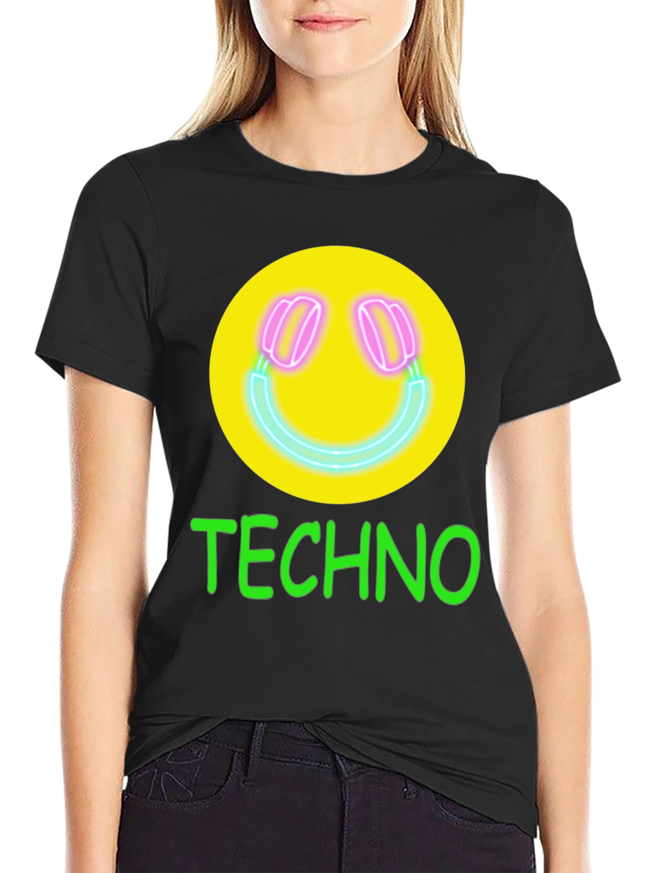 Techno Smiley Face Graphic Tee - Neon Music Vibes!