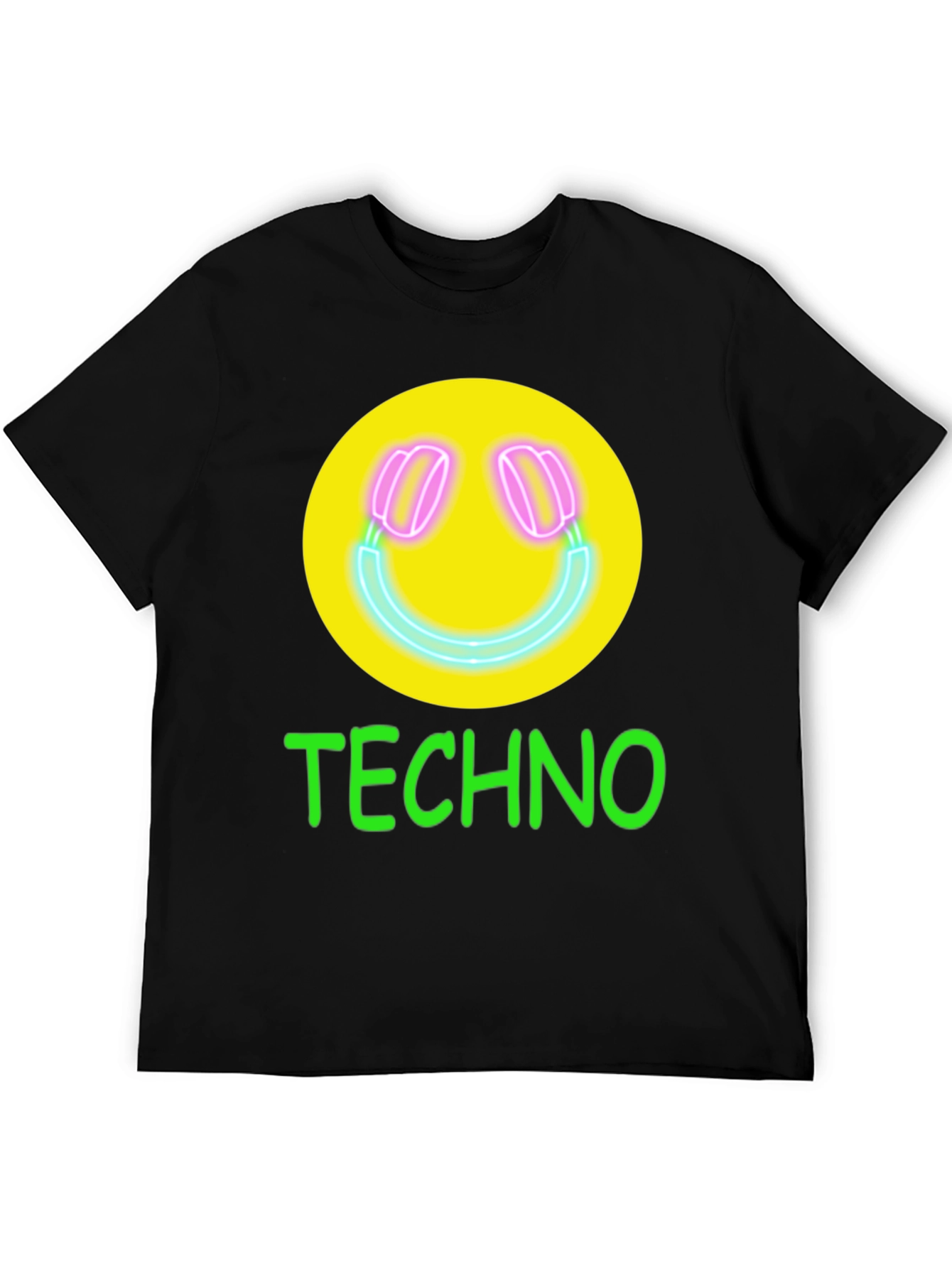 Techno Smiley Face Graphic Tee - Neon Music Vibes!