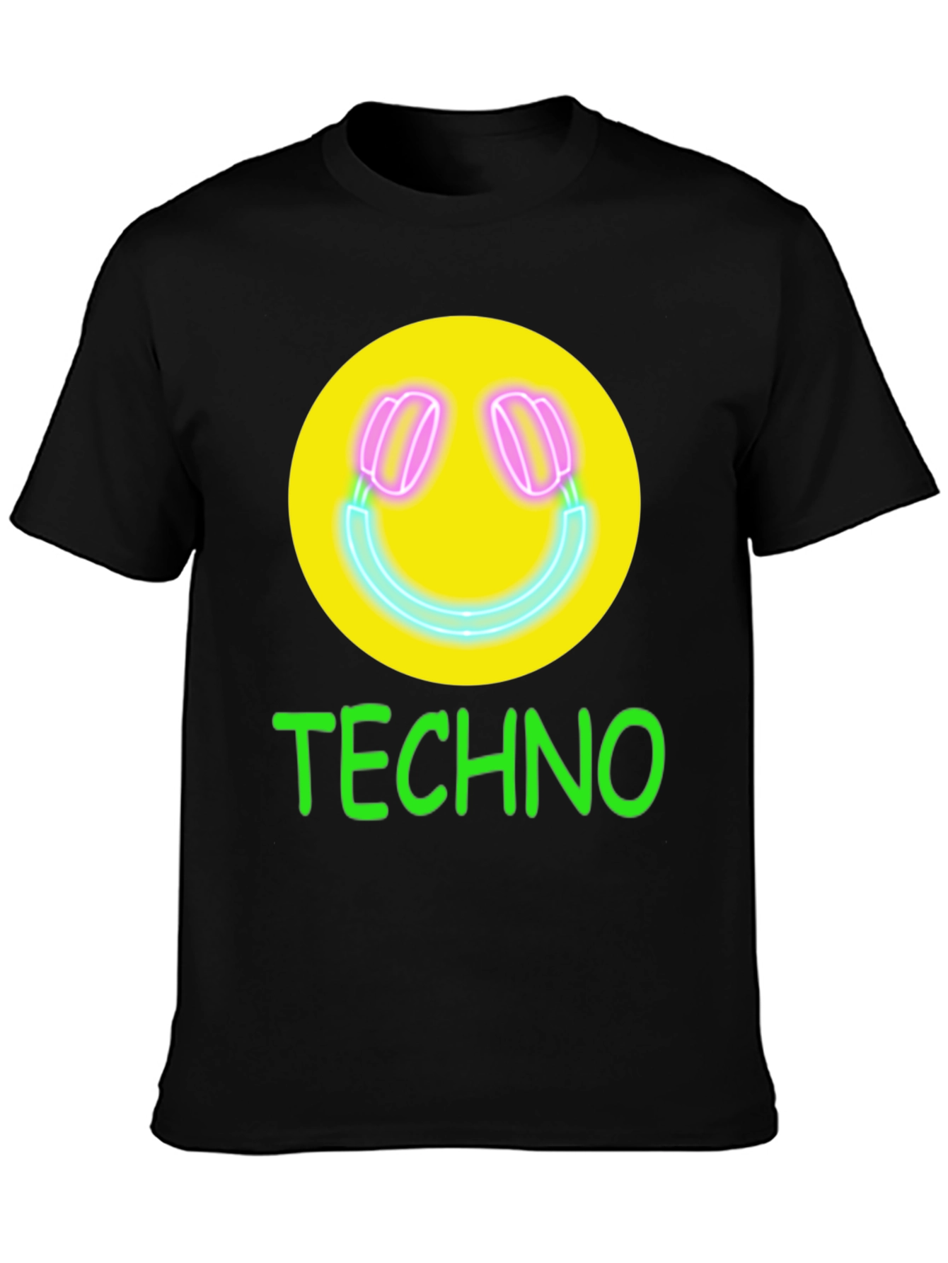 Techno Smiley Face Graphic Tee - Neon Music Vibes!