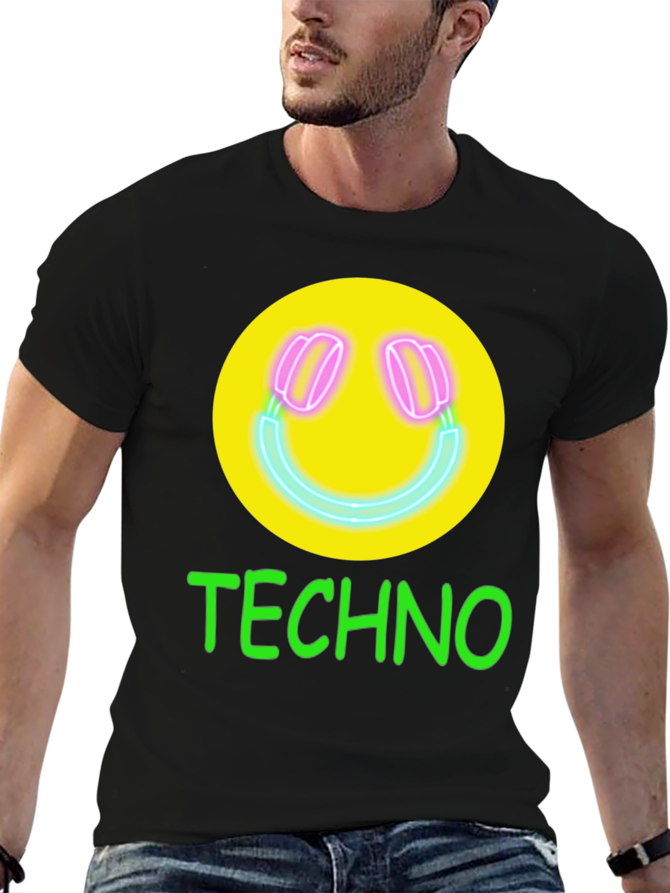 Techno Smiley Face Graphic Tee - Neon Music Vibes!