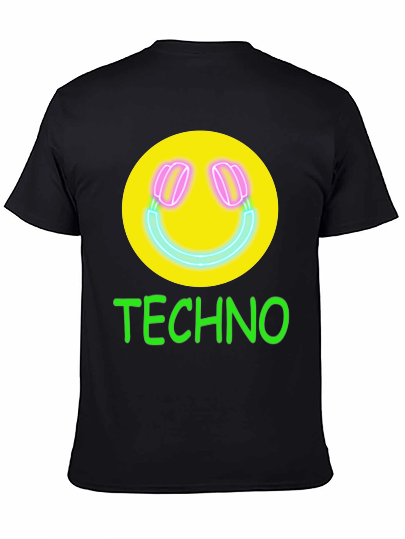 Techno Smiley Face Graphic Tee - Neon Music Vibes!