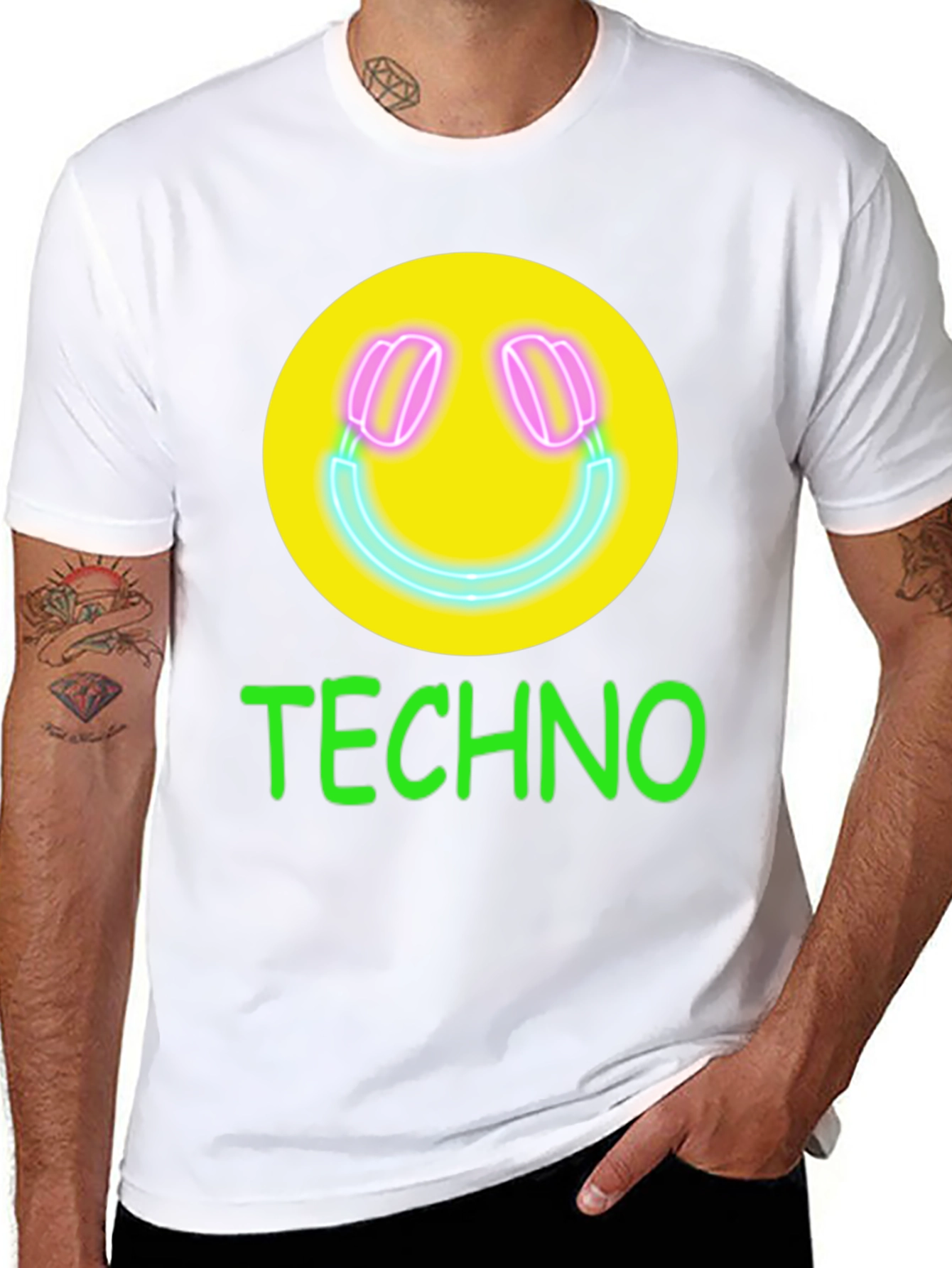 Techno Smiley Face Graphic Tee - Neon Music Vibes!