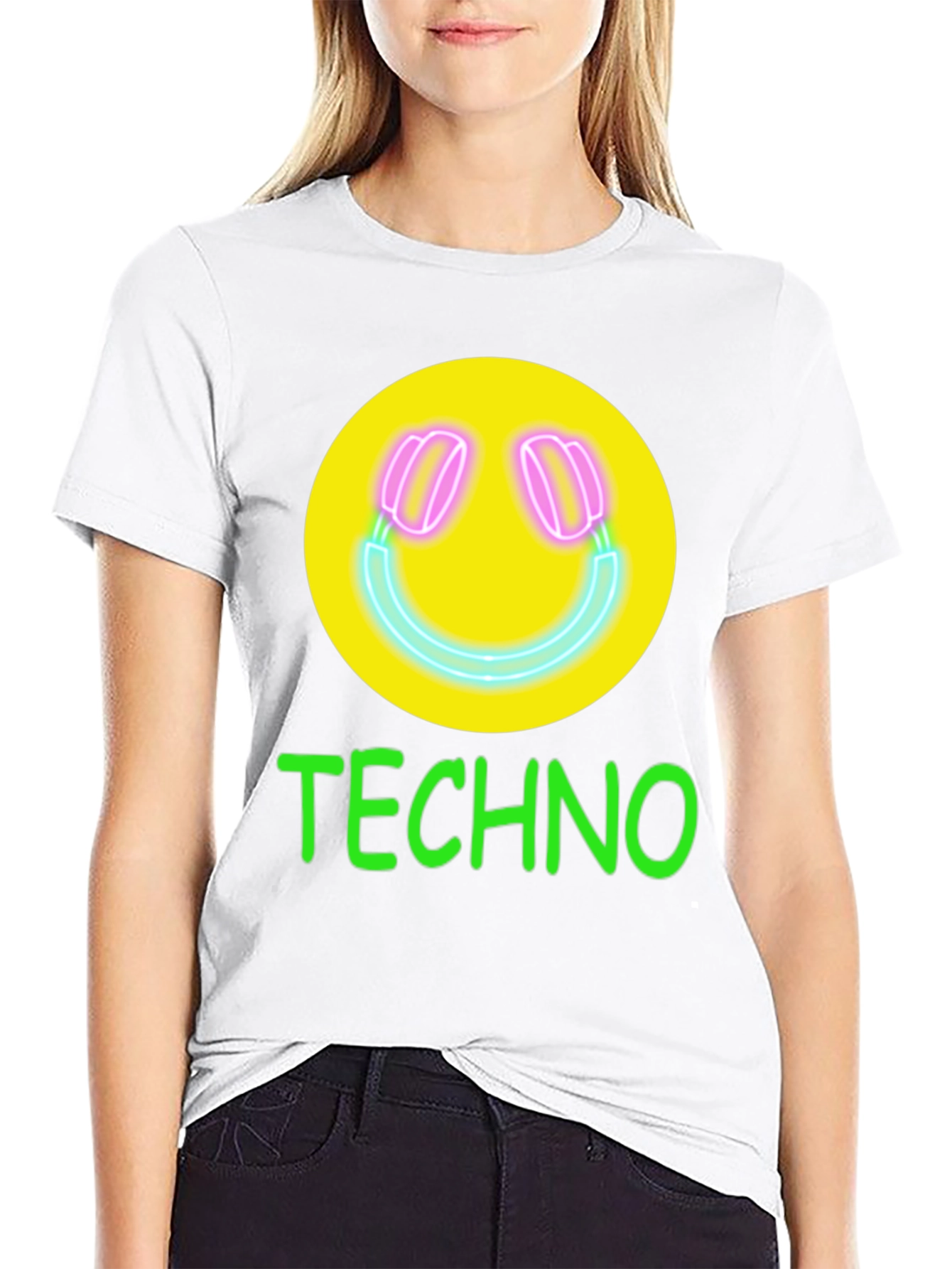 Techno Smiley Face Graphic Tee - Neon Music Vibes!