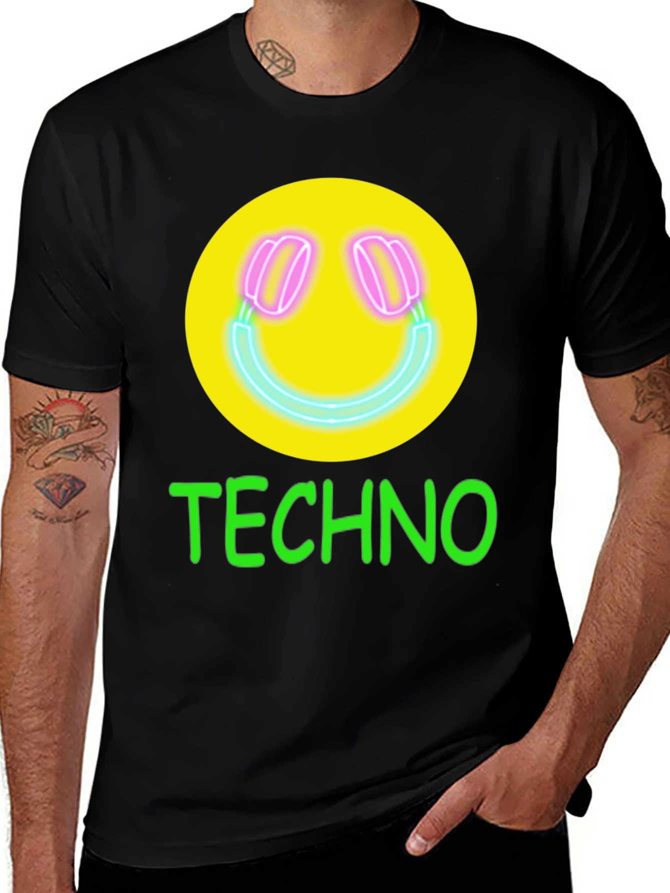 Techno Smiley Face Graphic Tee - Neon Music Vibes!