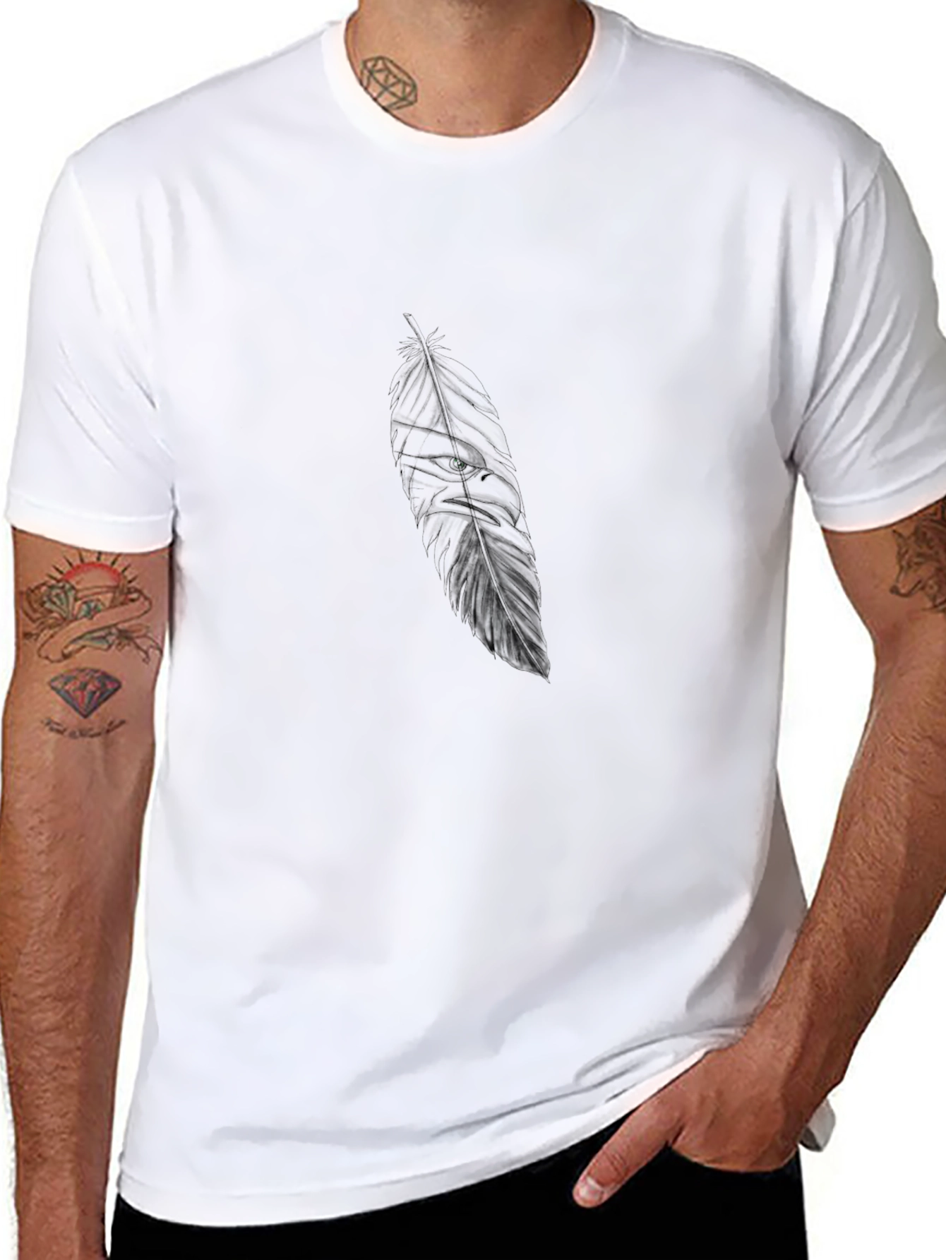 Black Tee with Feather-Eagle Design