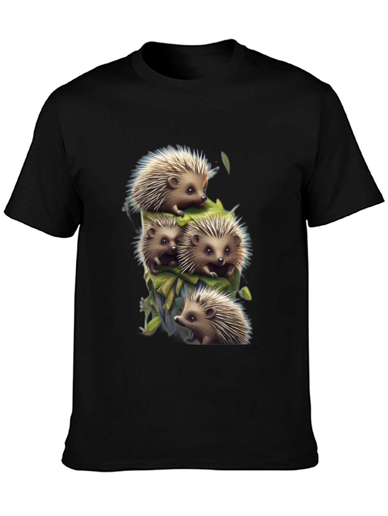 Cute Hedgehog Stack Graphic Tee - Black