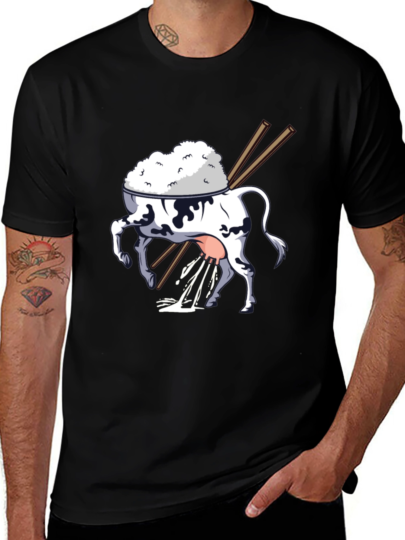 Rice Cow Graphic Tee - Quirky Black T-Shirt