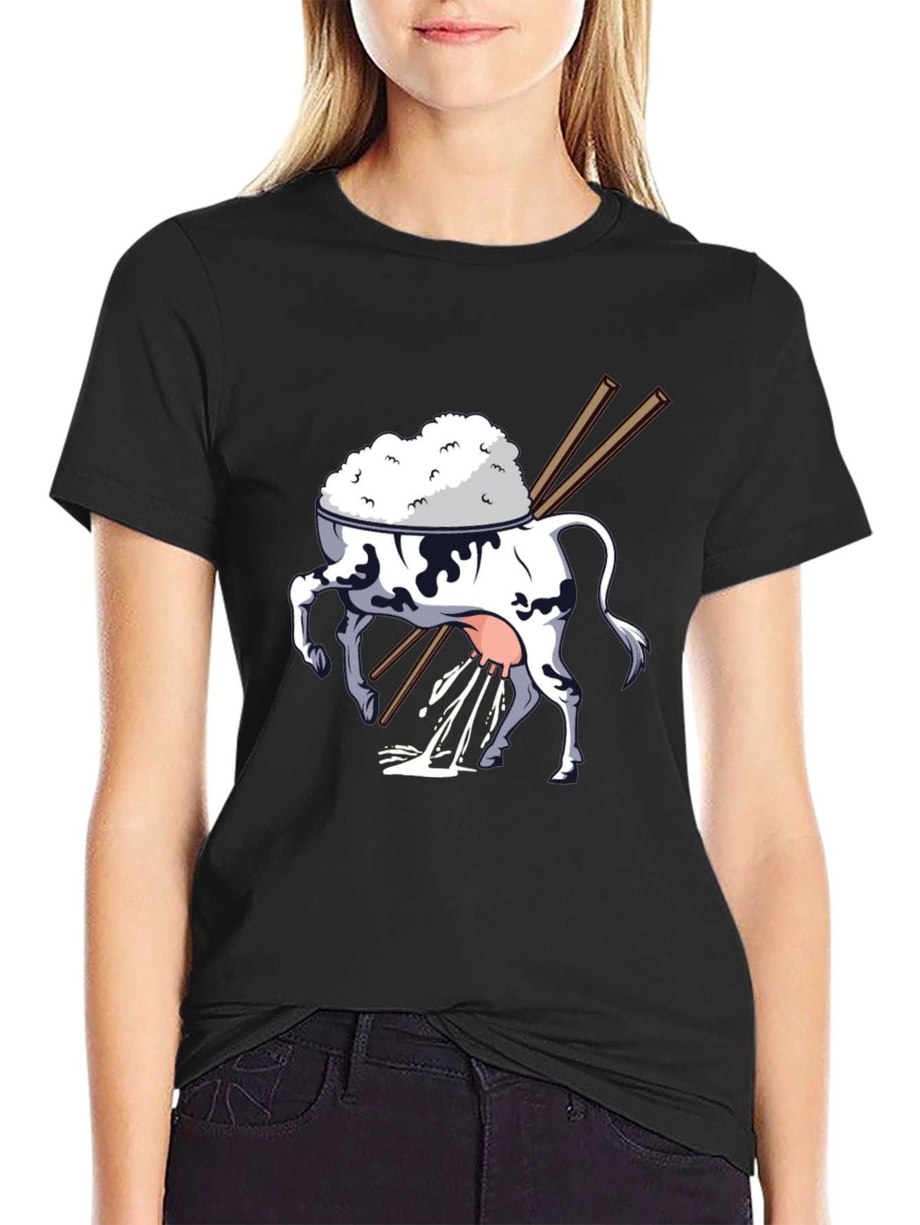 Rice Cow Graphic Tee - Quirky Black T-Shirt