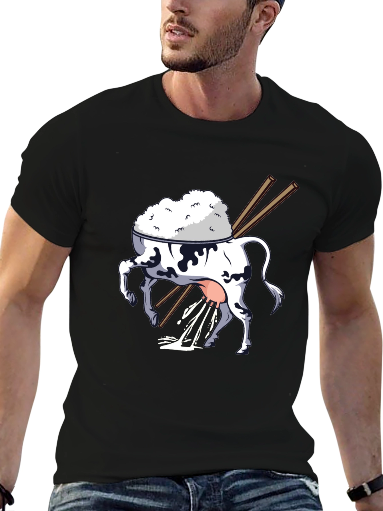 Rice Cow Graphic Tee - Quirky Black T-Shirt