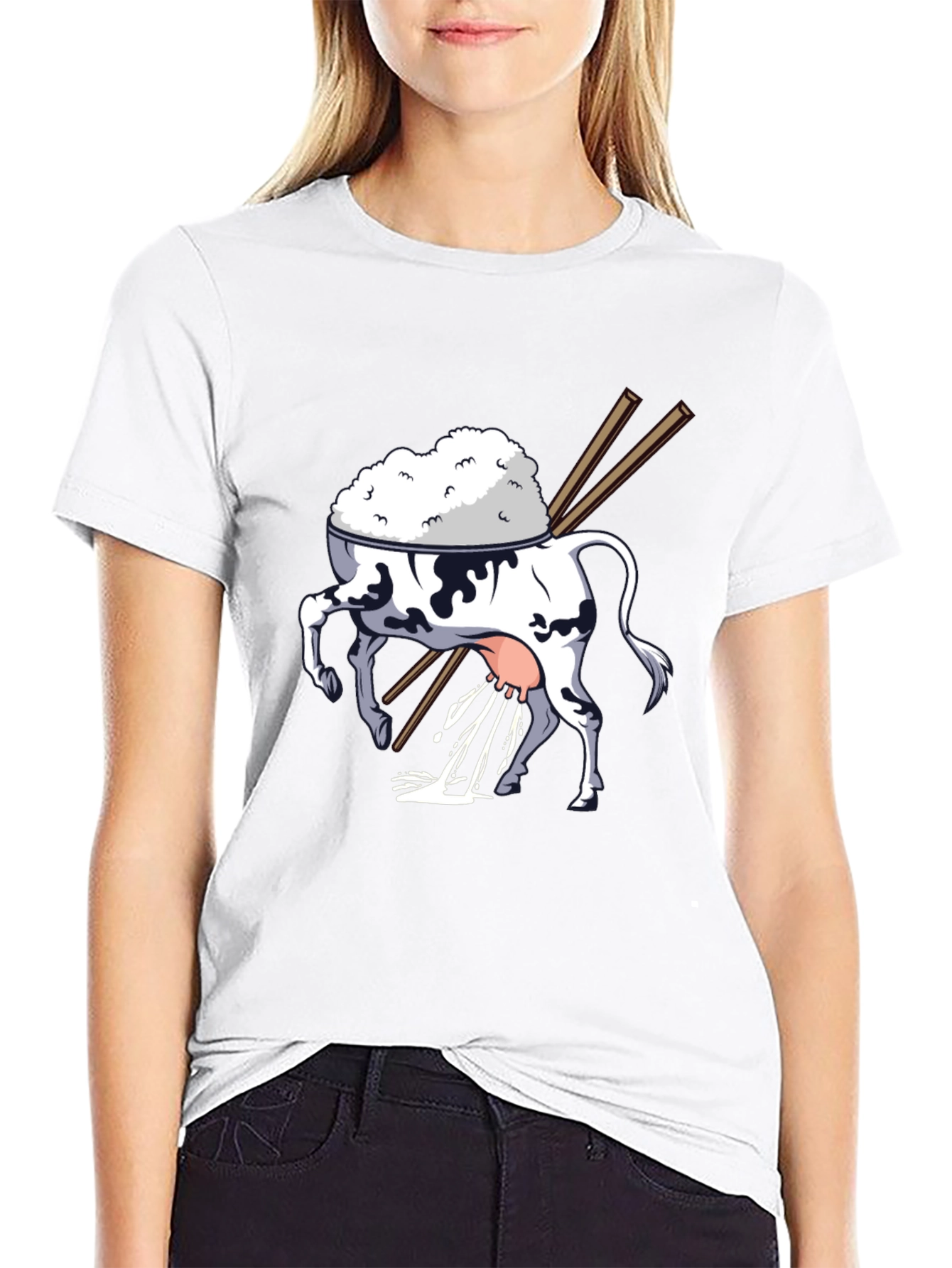 Rice Cow Graphic Tee - Quirky Black T-Shirt