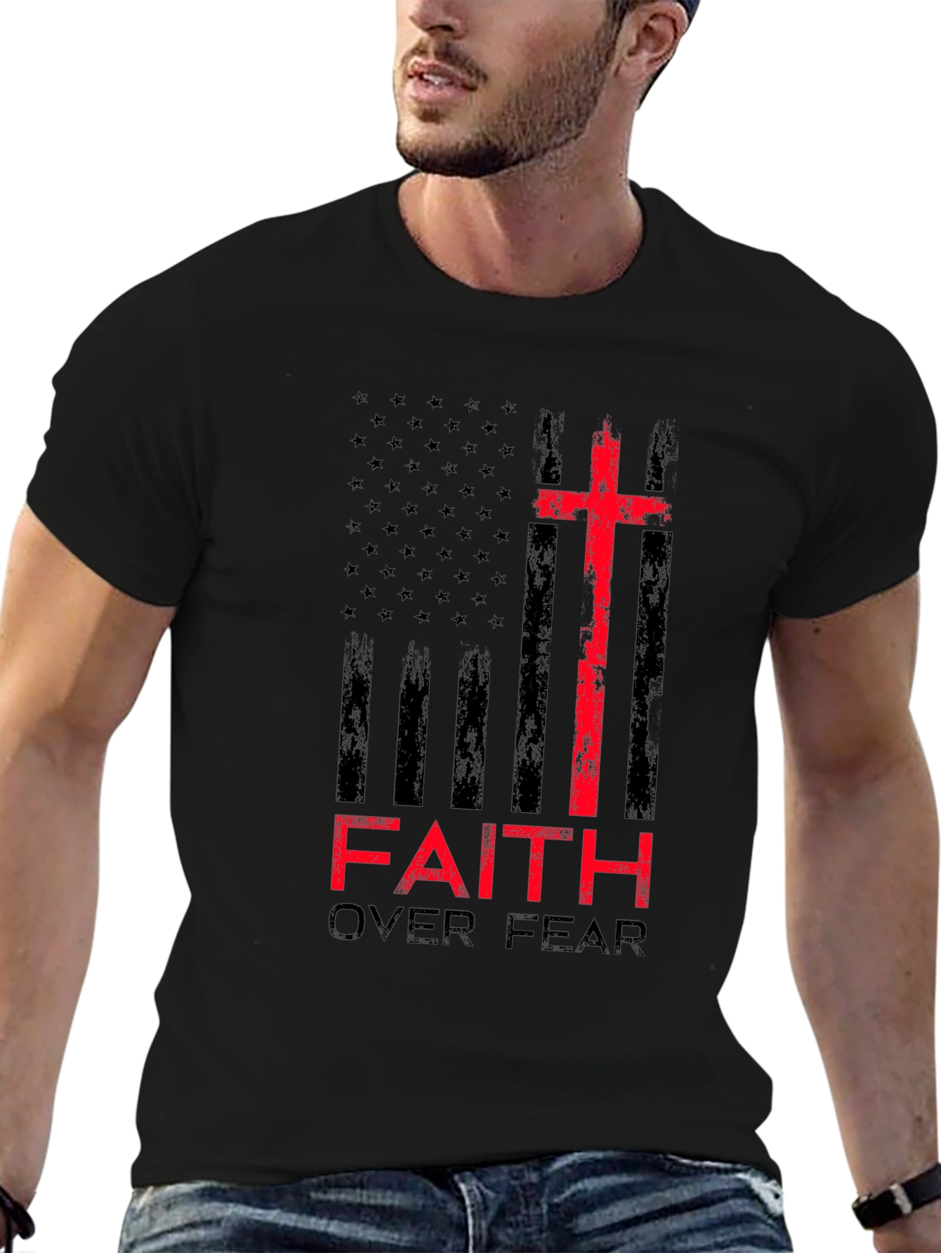 Faith Over Fear Christian T-Shirt Patriotic USA Flag