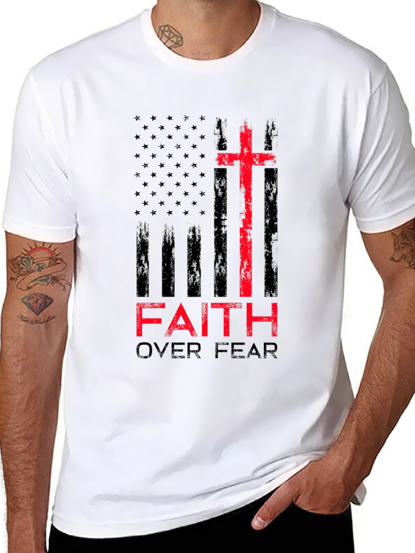 Faith Over Fear Christian T-Shirt Patriotic USA Flag