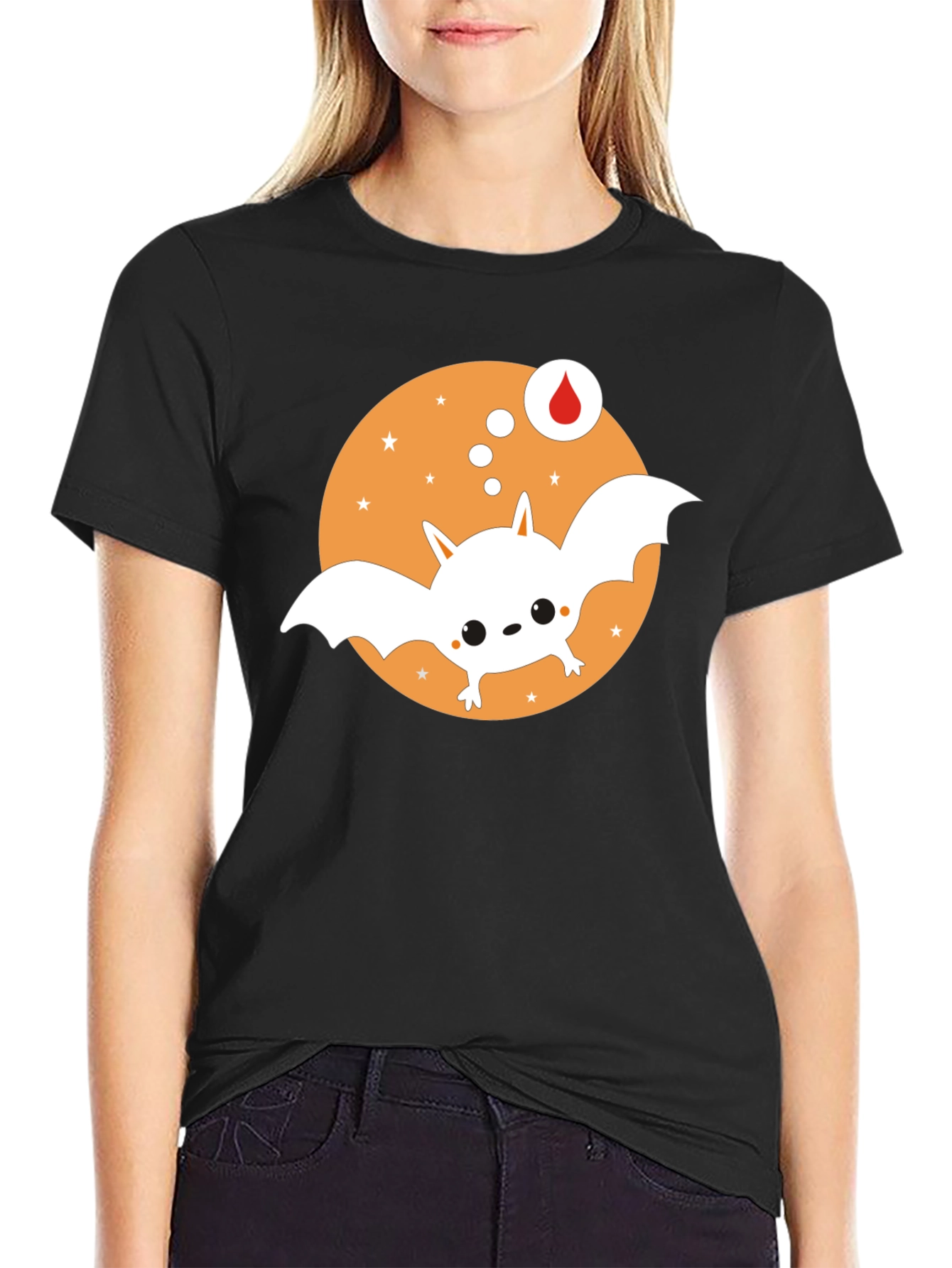 Cute Cartoon Bat Graphic Tee - Black Cotton T-Shirt
