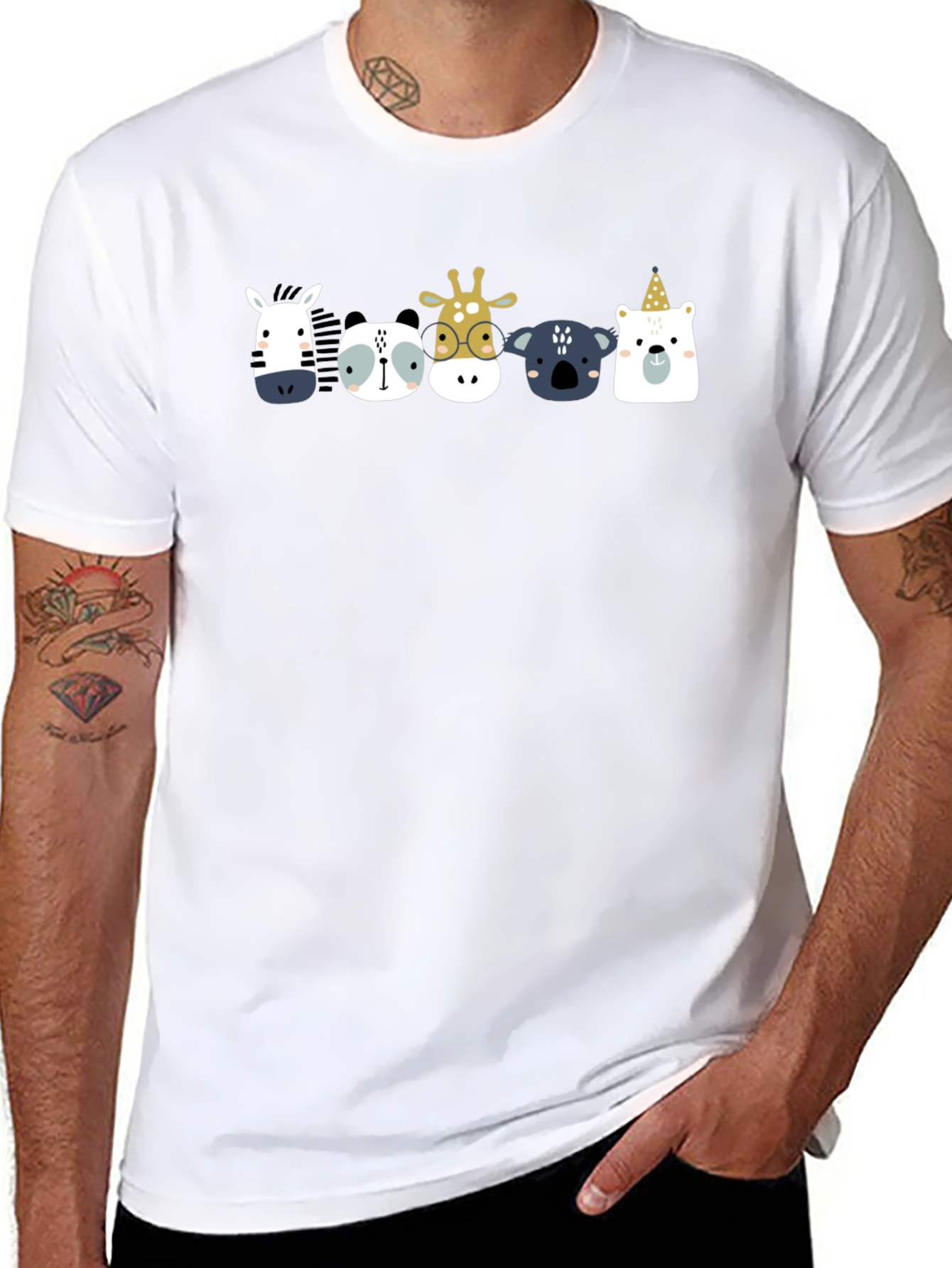 Cute Cartoon Animal Print Black T-Shirt