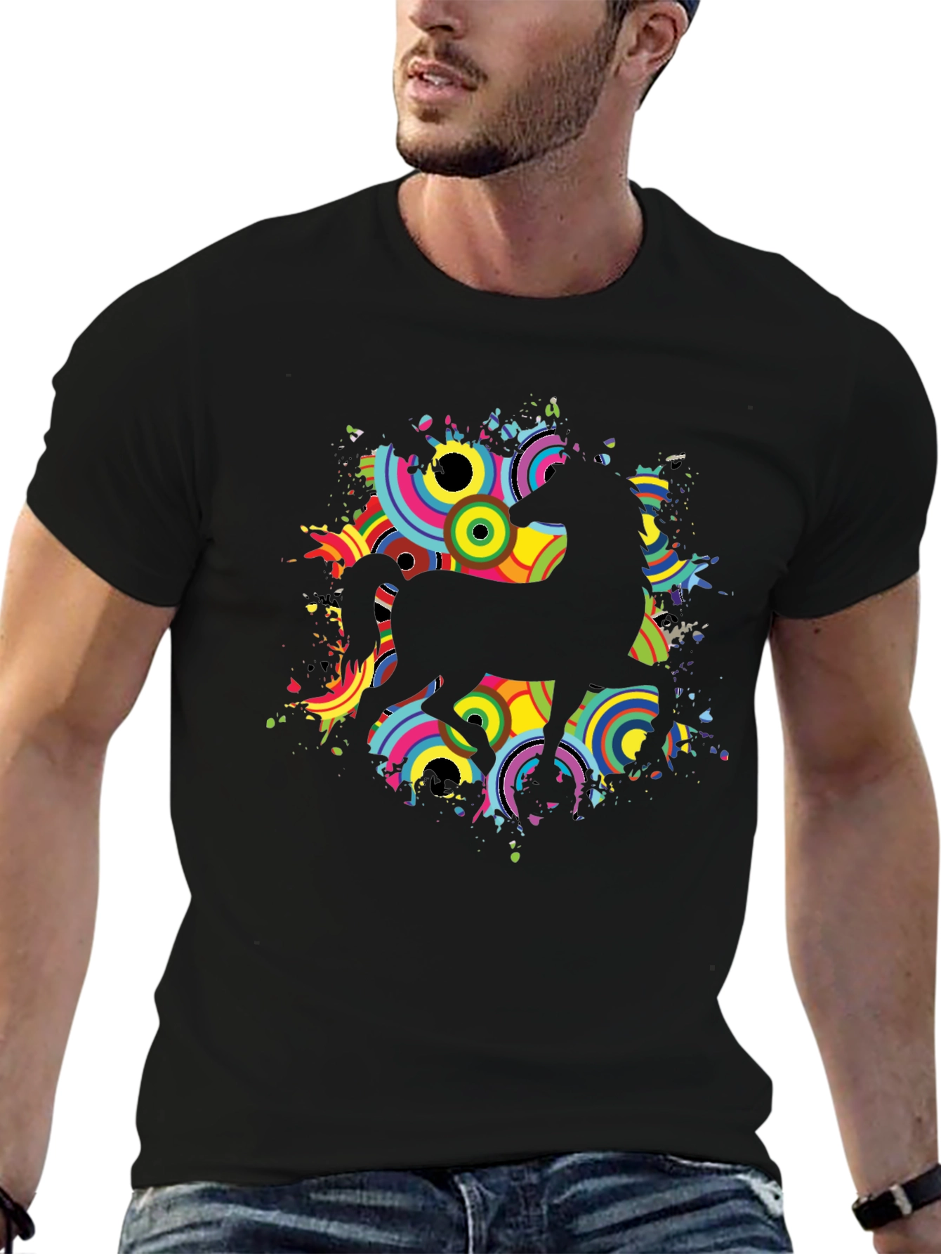 Black T-Shirt with Retro Unicorn Design