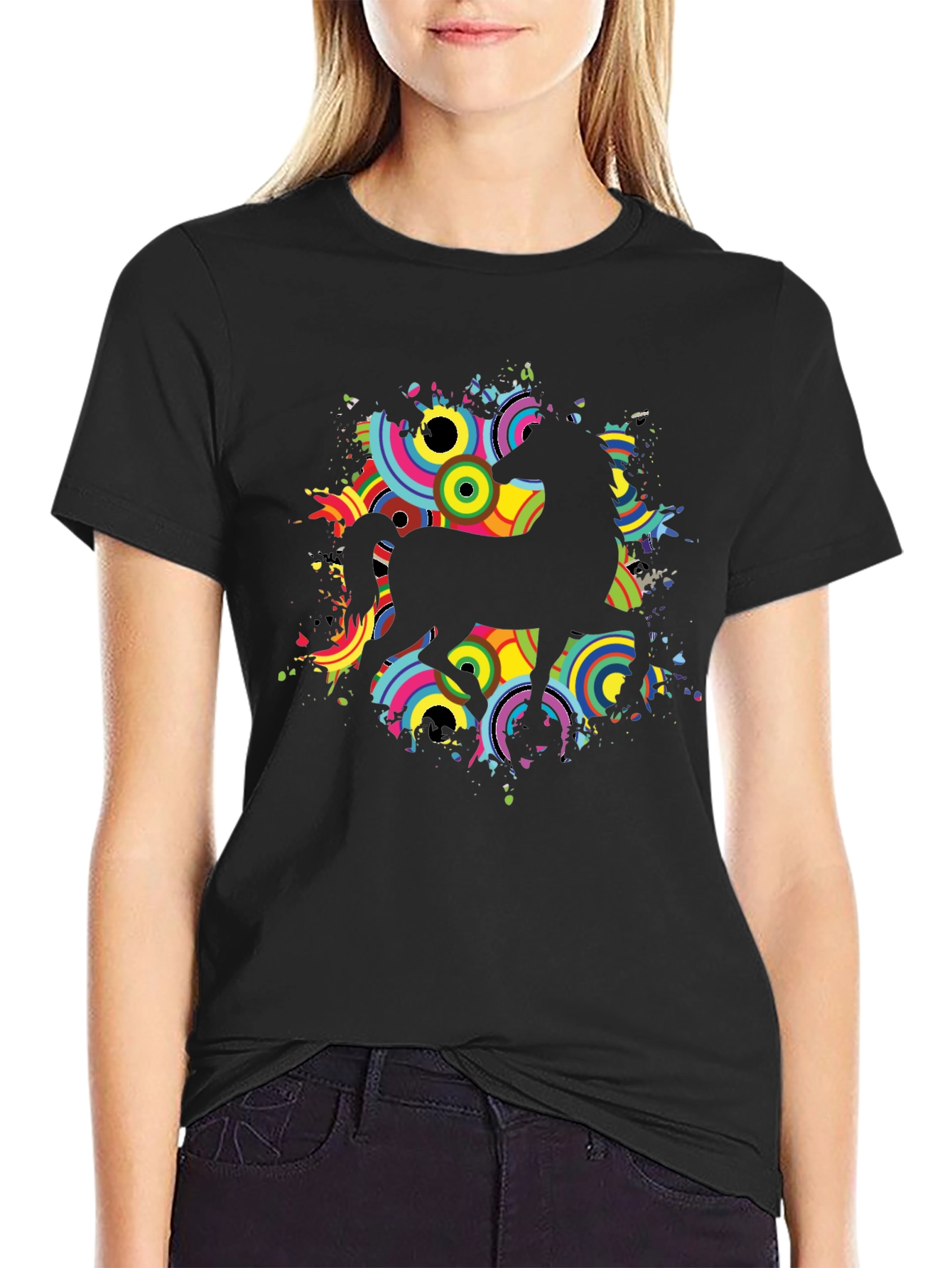 Black T-Shirt with Retro Unicorn Design